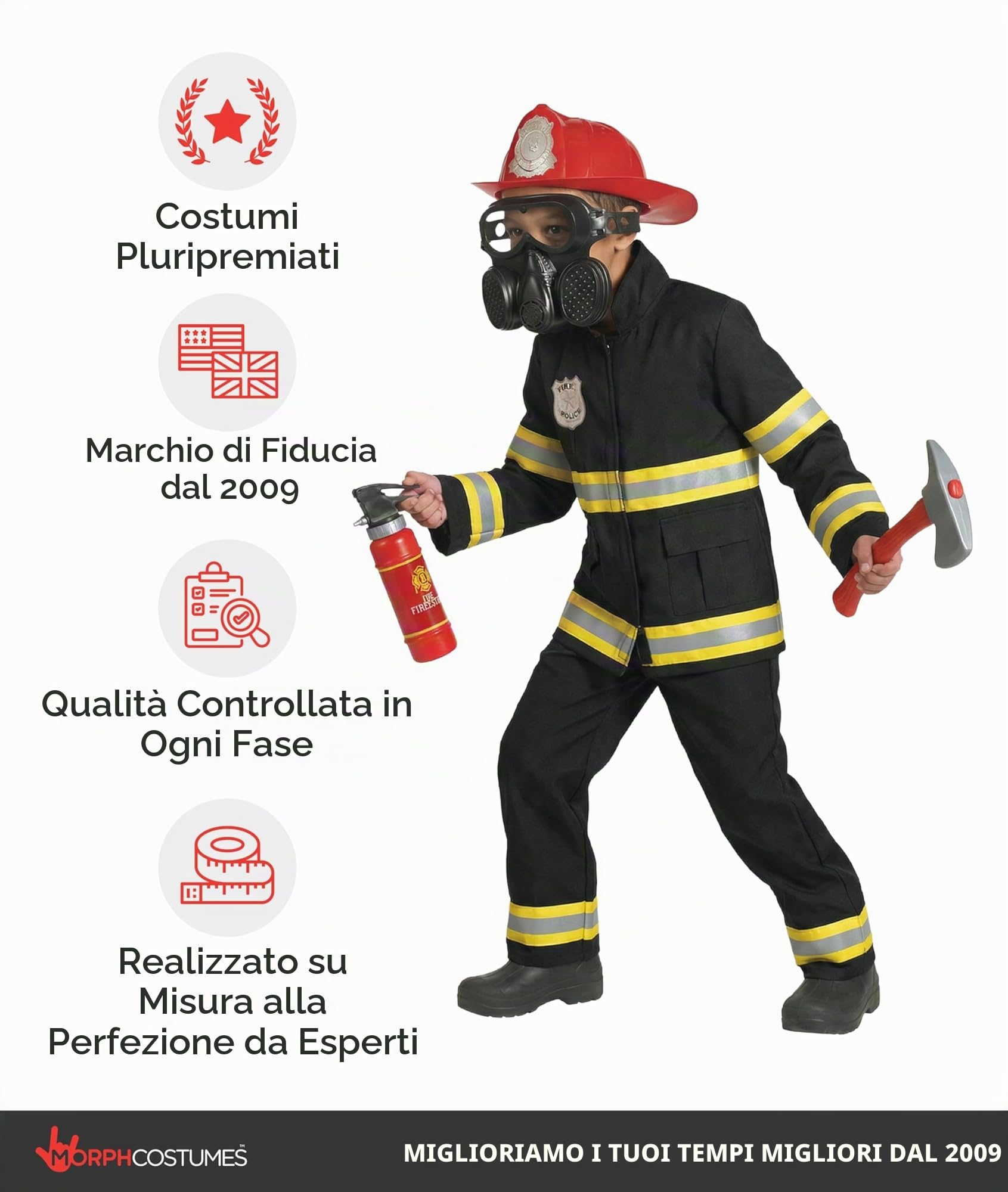 Morph Costume Pompiere Bambino, Costume Halloween Bambino | Giacca con Bordi Riflettenti, Pantaloni, Casco & Estintore, Perfetto per Halloween, Ideale per il Gioco di Ruolo
