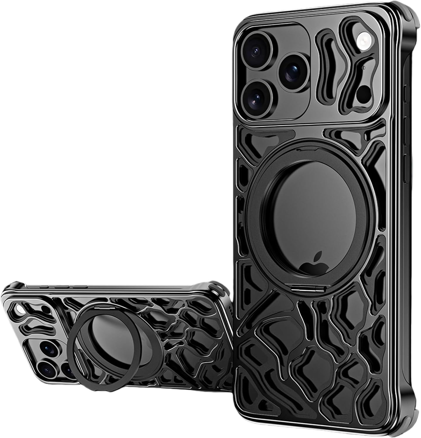 Frameless Magnetic Case for iPhone 17 Pro / 17 Pro Max, Slim Aluminum Heat-Dissipation Bumper with 360° Rotating Ring Stand, Shock-Absorbing Protective Cover(Black,17 Pro)