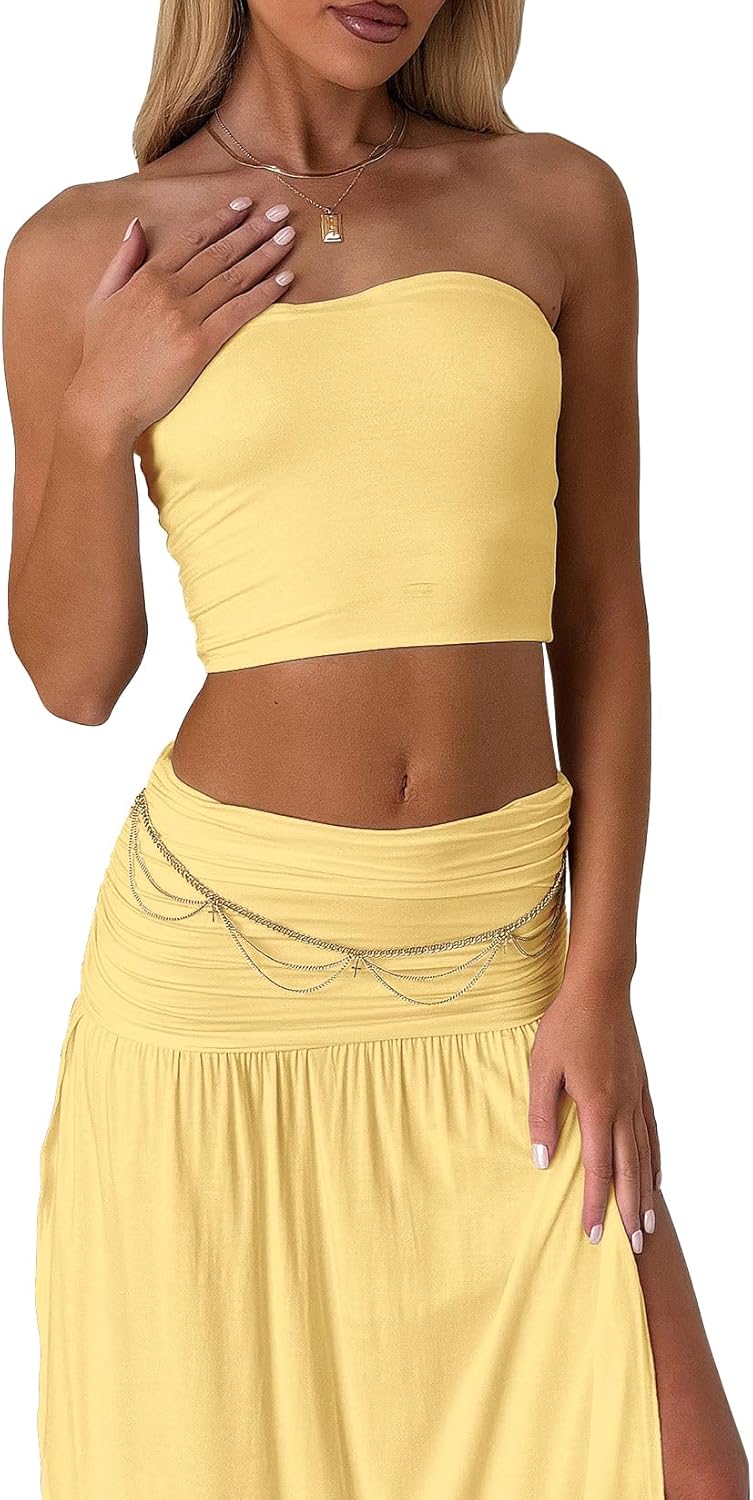 Two Piece Skirt Set for Women - 2 PC Summer Beach Vacation Outfits Going Out Strapless Tube Crop Tops Boho Maxi Skirts Sets - Image 2