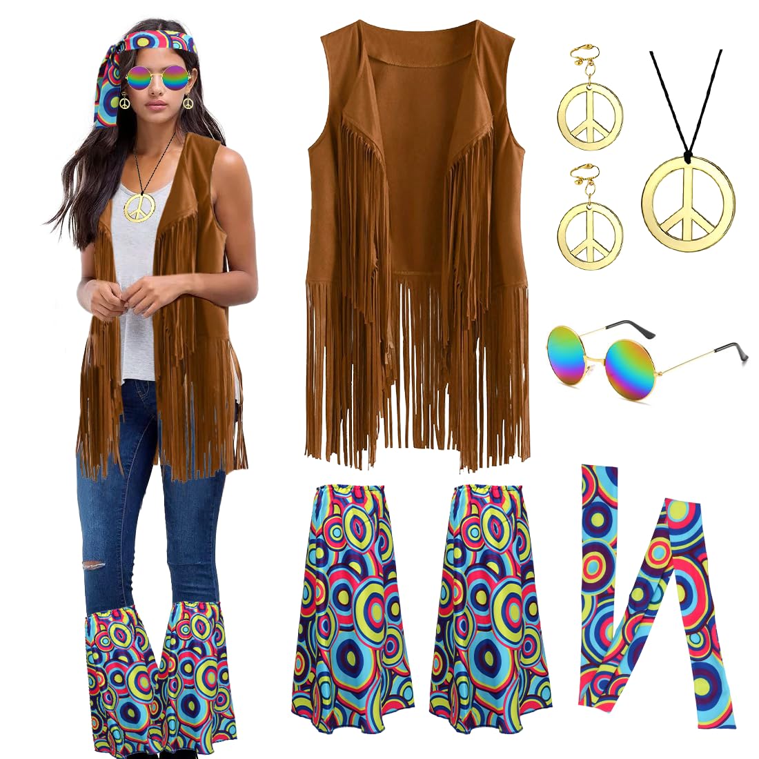 Disfraz Hippie Mujer, Chaleco con Flecos + Gafas Redondas + Collar Paz + Pendientes + Diadema + Calentadores, Disfraz Hippie Adulto años 60 70, Hippie Accesorios para Fiesta Decoraciones Cotidiana-A