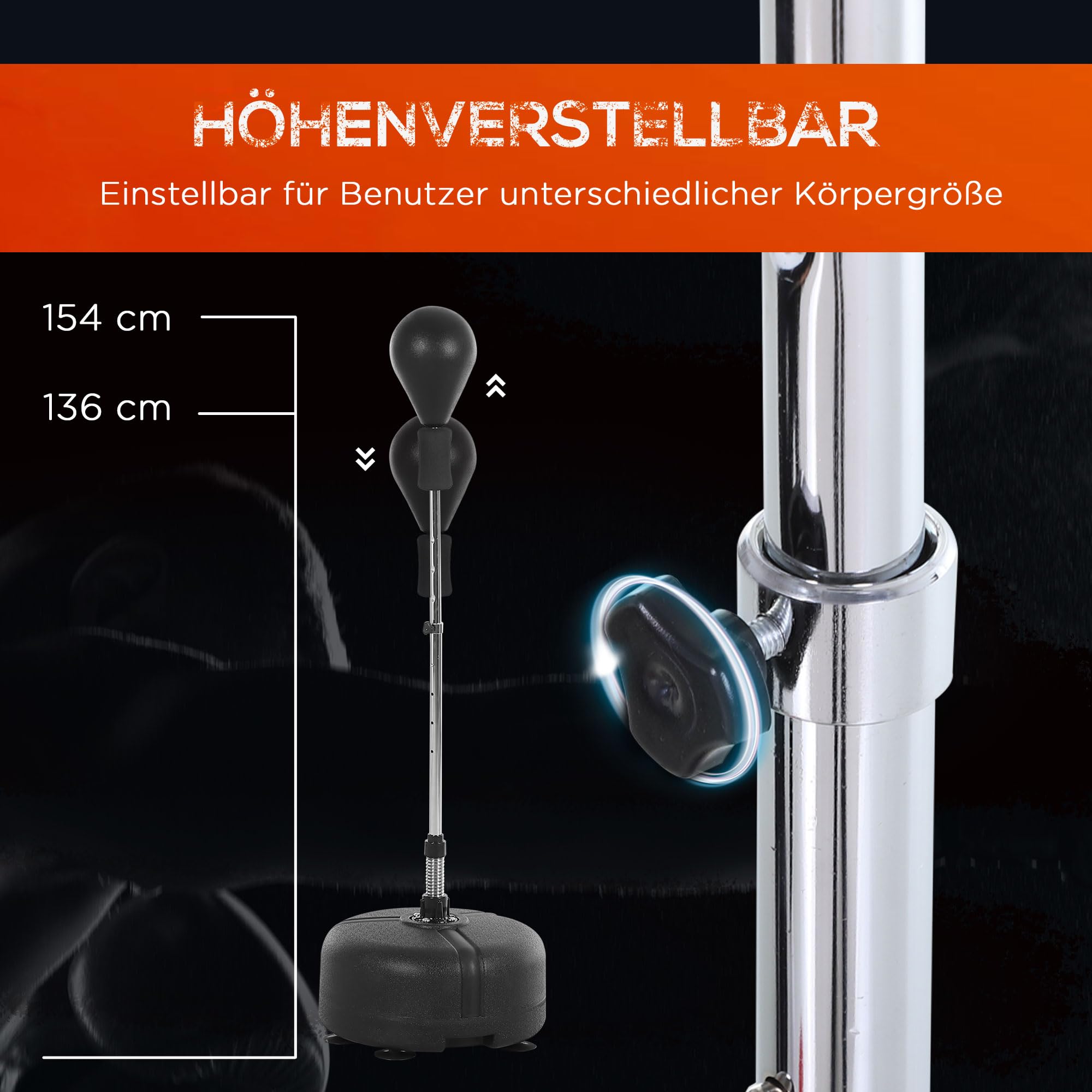 HOMCOM boksbalset, staande bokszak voor bokstraining, hoogte verstelbaar, PU staal PE, ø 48 x 136-154 H cm, zwart