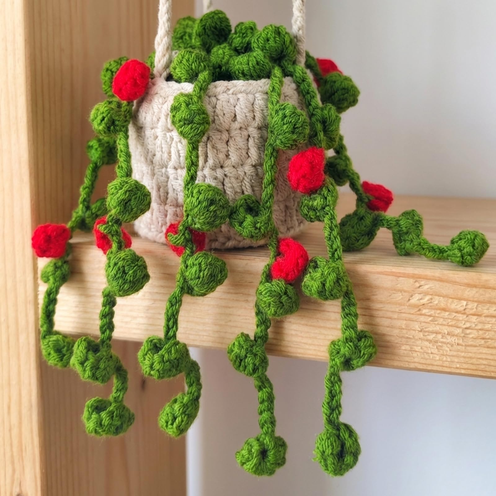Boho Crochet Plant Hanging Basket For Car Rear View Mirror – Light Green, Handmade Polyester, Cute Interior Aesthetic, Great Gift For Women
