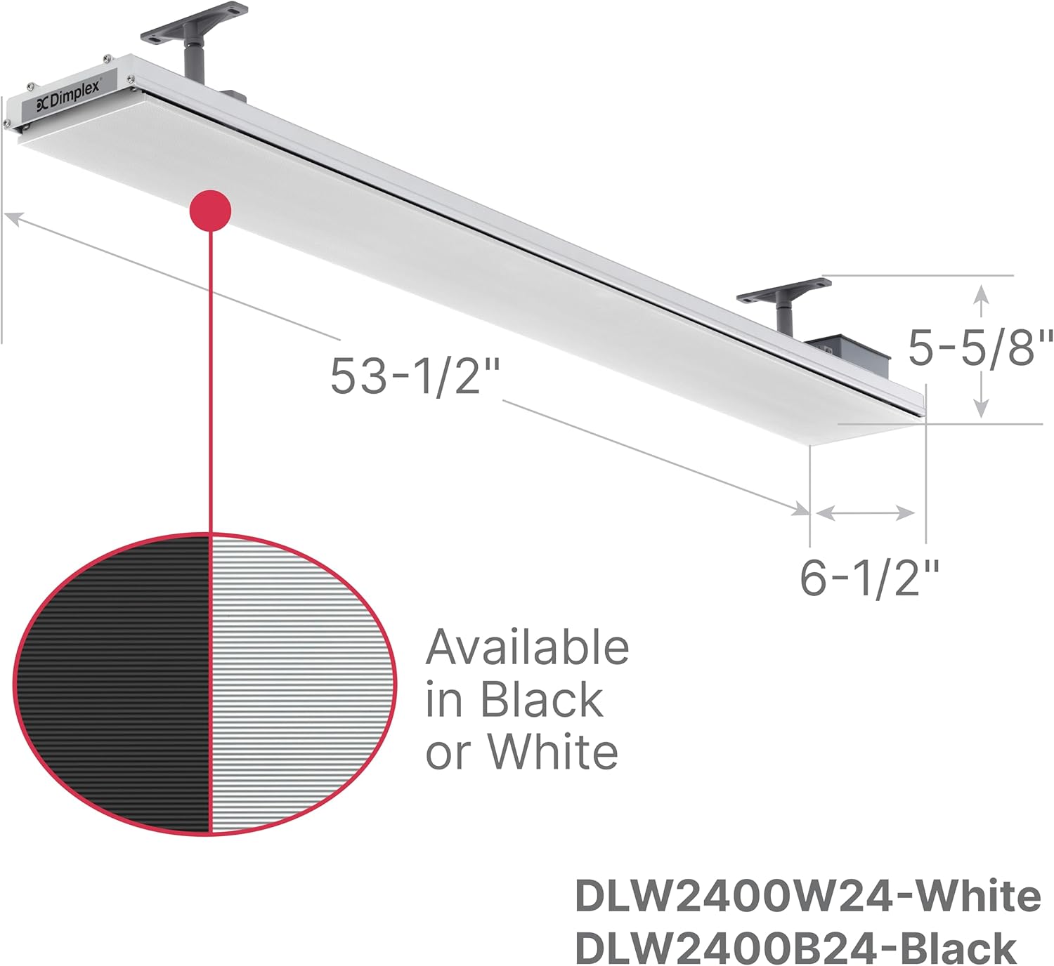 Diagram showing the dimensions of the Dimplex DLW Series heater: 53-1/2 inches length, 6-1/2 inches width, and 5-5/8 inches height. Also indicates availability in black or white.