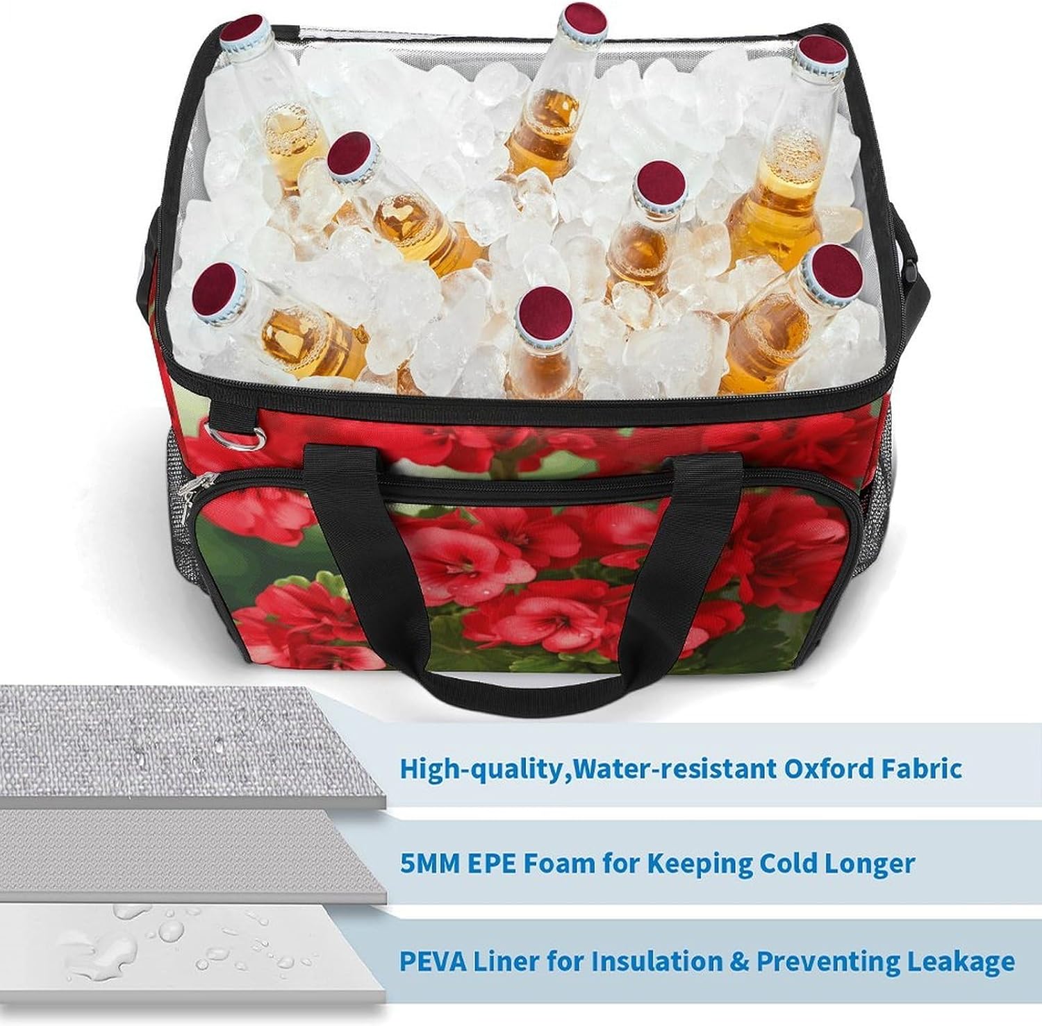 Large Capacity Oxford Cloth Red Geraniums Printed Camping Ice Bag, Outdoor Portable Insulation and Cooling Bag, Suitable for Outdoor Camping and Picnics