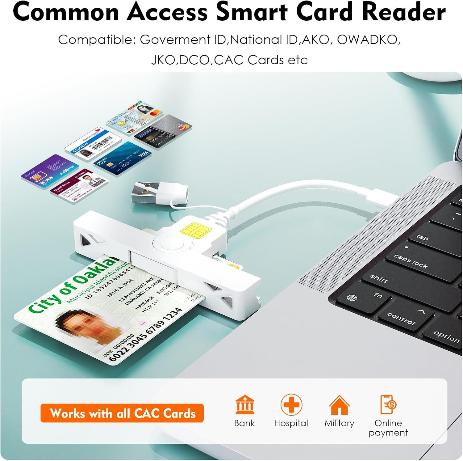 CAC Reader with 2 in 1 USB/Type C Dual Connector, DOD Military USB Common Access CAC Card Reader Type C Smart Card Reader Compatible with Windows, Mac OS Mini Fold Plug and Play White-335E