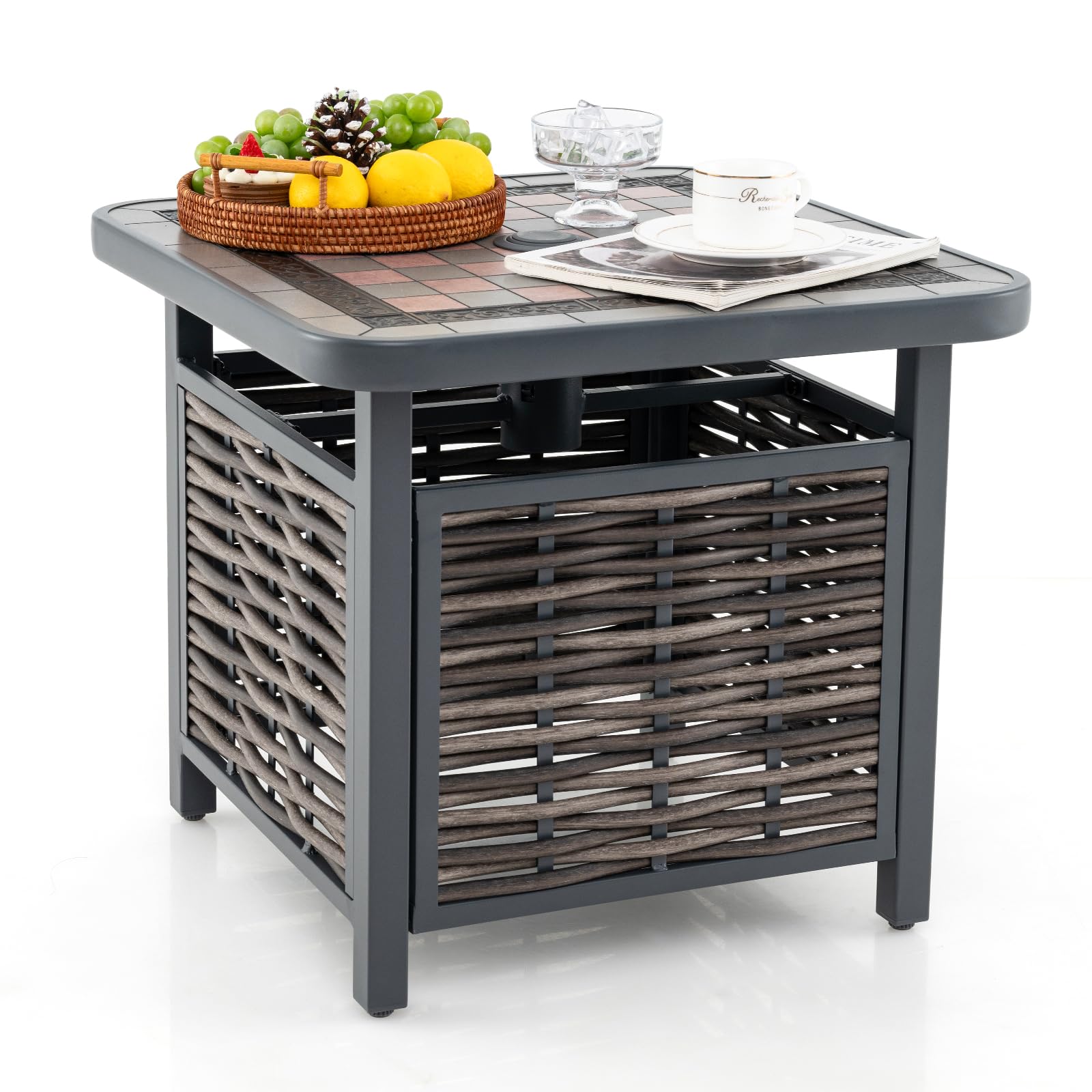 HAPPYGRILL Outdoor Wicker Side Table with Umbrella Hole, PE Rattan Square Coffee Table with Resin Top, Metal Frame, Small End Side Table for Garden,