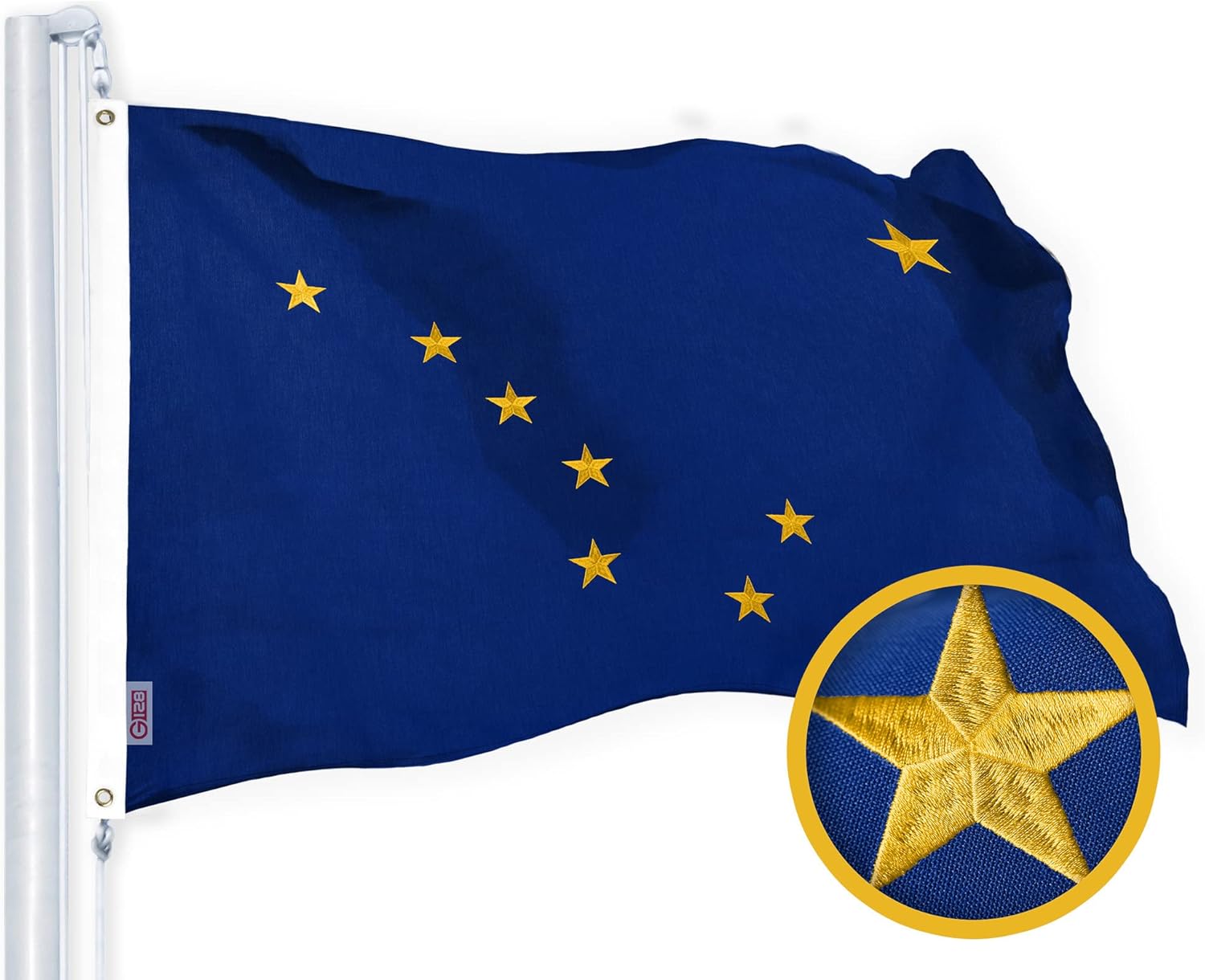 G128 Alaska State Flag | 2.5x4 Ft | StormFlyer Series Embroidered 220GSM Spun Polyester | Embroidered Design, Indoor/Outdoor, Brass Grommets, Heavy Duty, All Weather
