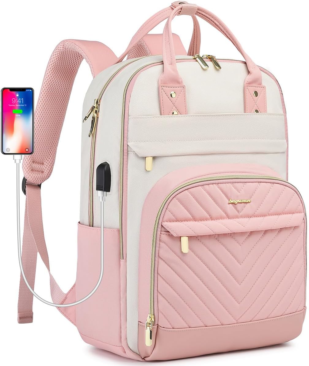 Laptop Backpack for Women Work – 15.6 Inch Travel Backpack Fashion Work Business Backpacks Purse Warterproof College Teacher Nurse Computer Daypack Beige Pink