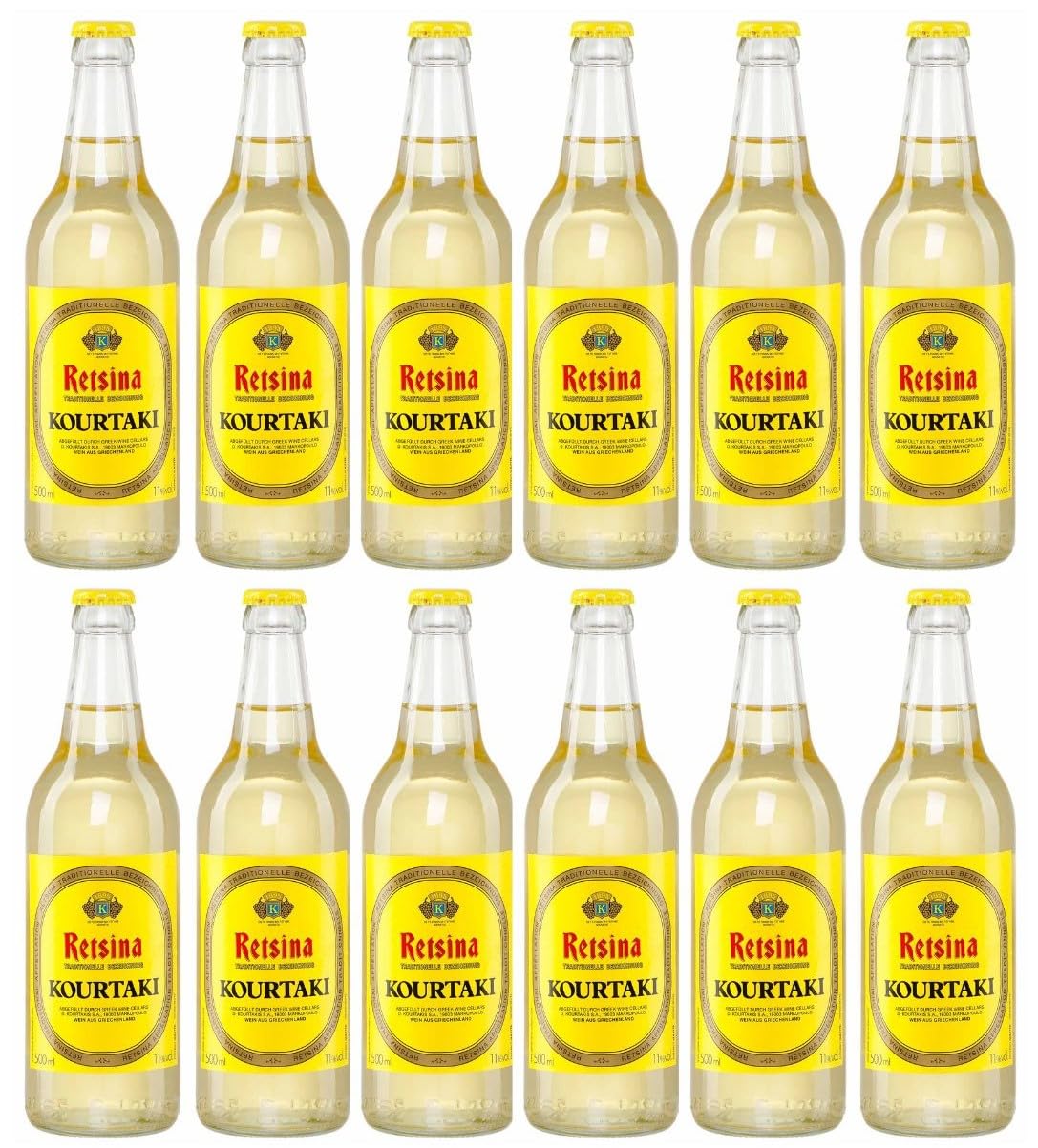 Retsina Kourtaki 12x 0,5l Flasche | Geharzter Weißwein aus Griechenland | Sommerliche Erfrischung | 11% Vol. | +20ml Jassas Olivenöl