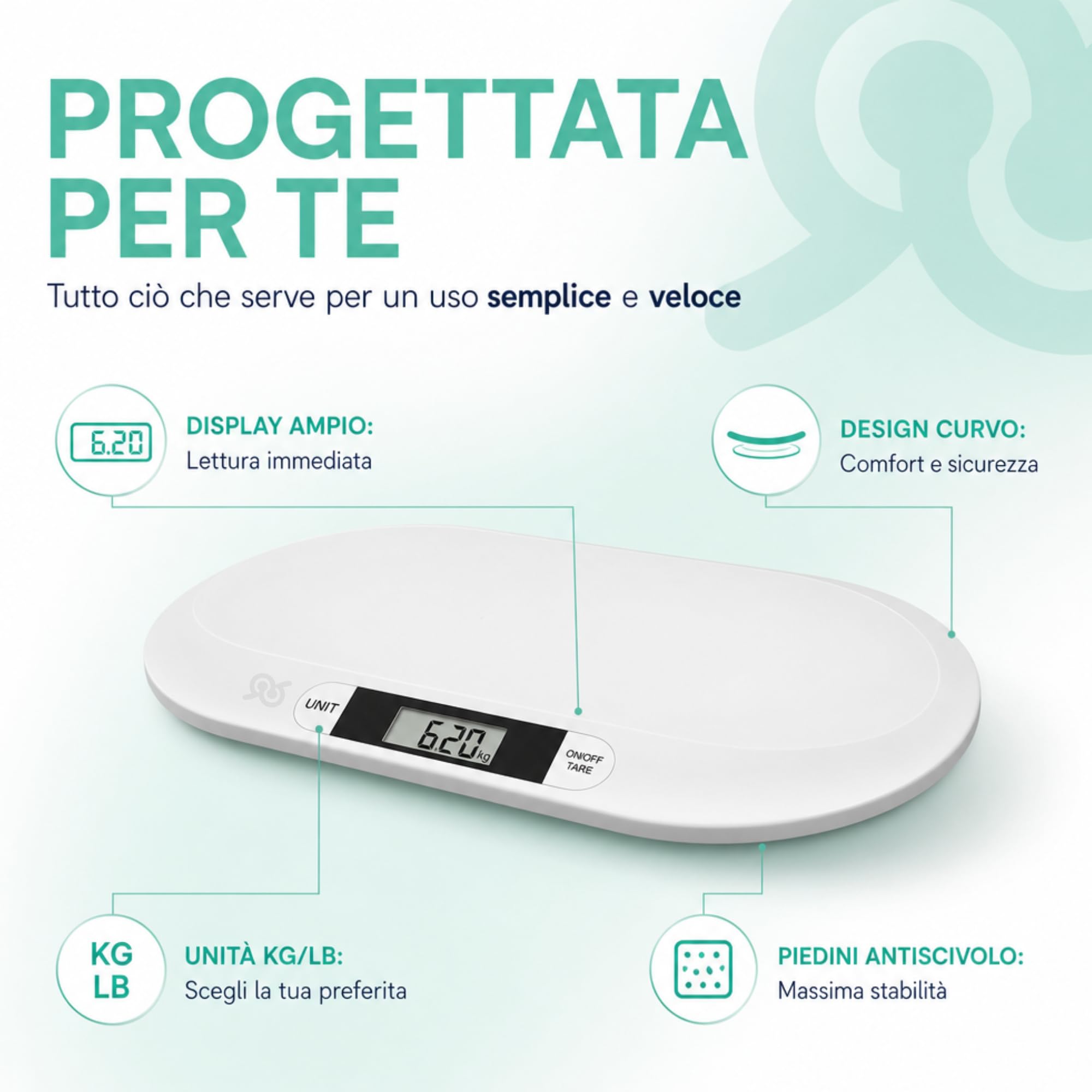 Bilancia Neonato Digital Display LCD Tara Kg Lb Precisione 10G Piattaforma Curva