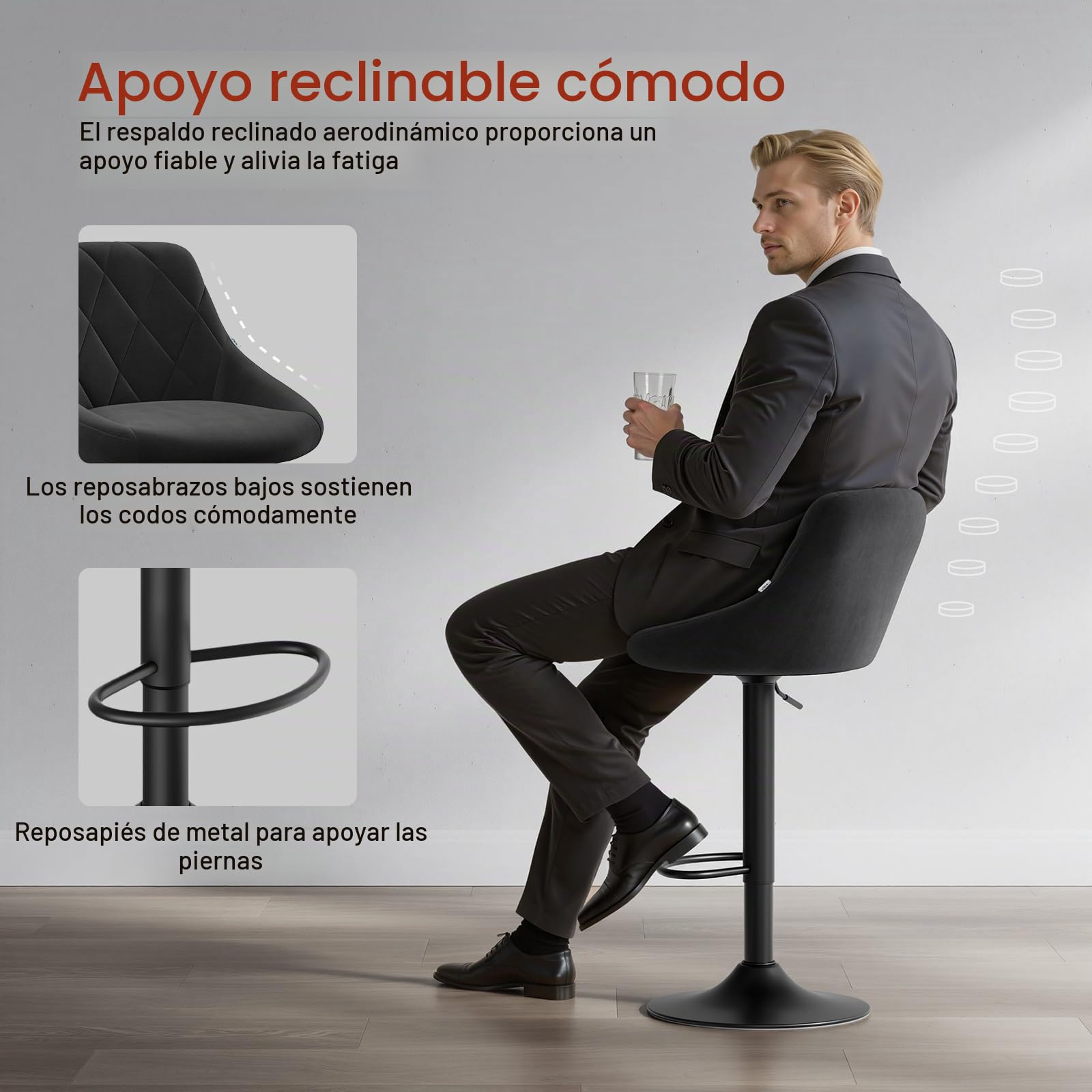 WOLTU Taburetes de Bar Terciopelo Regulable en Altura, Negro | con Respaldo, para Comedor, Salón y Cafetería