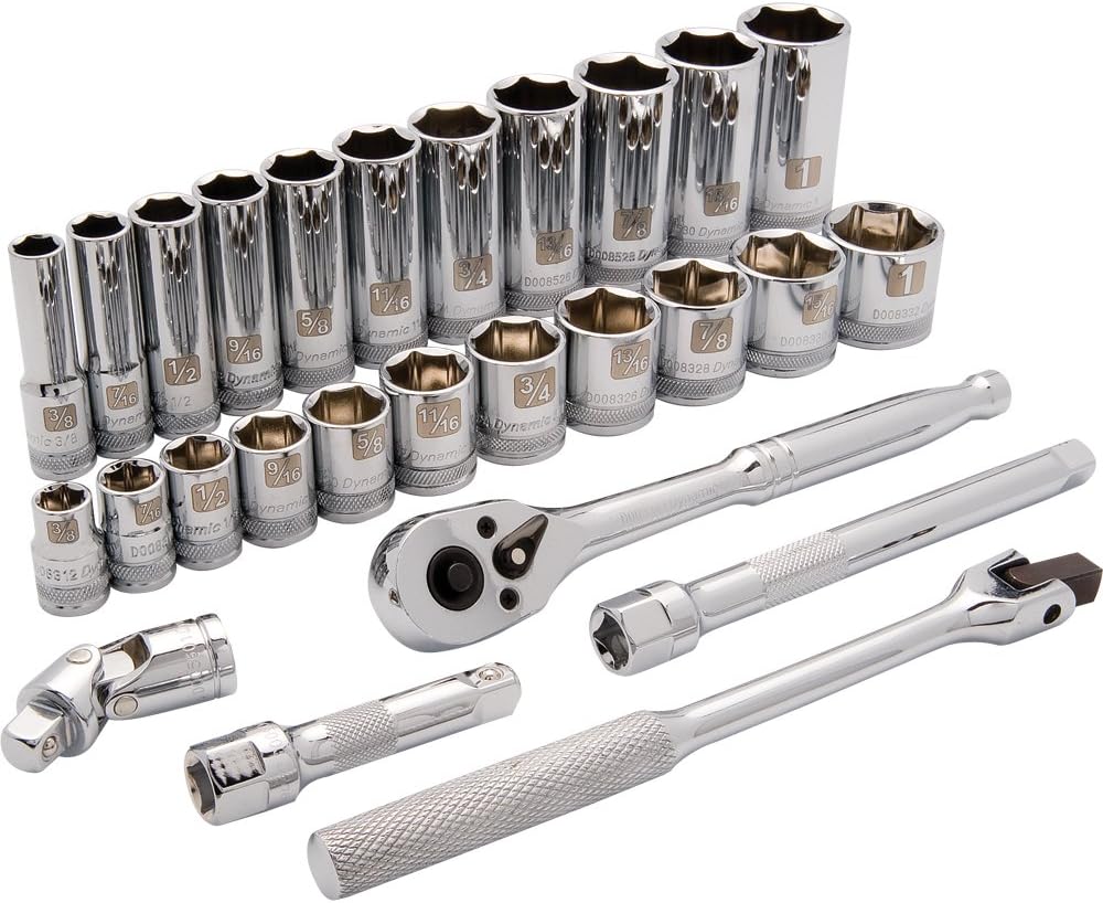 Dynamic Tools D010009 3/8" Drive 6 Point Standard and Deep SAE Socket Set (27 Piece), 3/8" to 1"