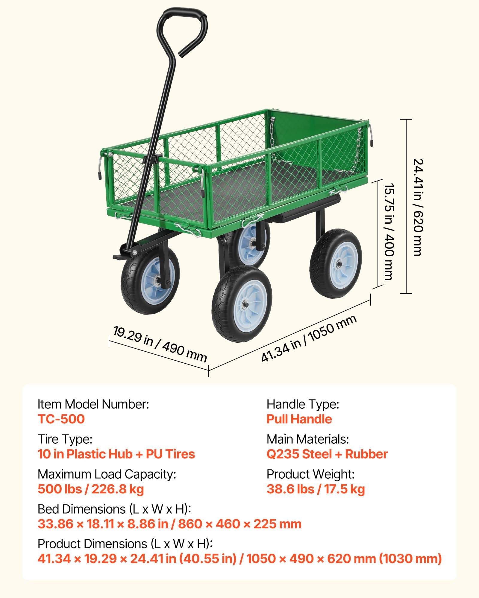 VEVOR Carrello Portaoggetti da Giardino con Sedile Carretto da Giardinaggio in Acciaio Carico max da 226,8 kg Carrello per Trasporto da Giardino con Lati Rimovibili, Legna Terra Detriti, Verde