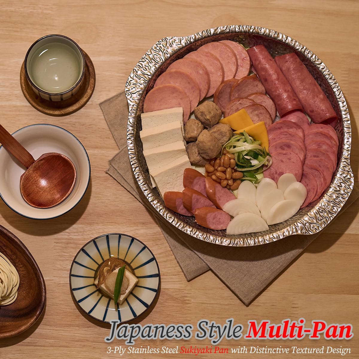 WAGENSTEIGER Stainless Steel Serving Platter, Buffet Party & Catering Pans, Candy Bowl, Ramen Cooking Bowl, 3-Ply Sukiyaki Pan with Aluminum Core (9.45" Diameter With Handles)