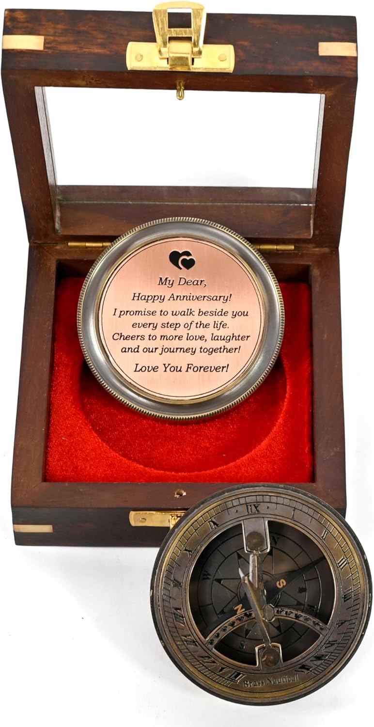 Brass Nautical - Anniversary Sundial Clock Gift for Him or Her - Unique Gift Ideas for Husband or Wife, Men Wedding Anniversary 50th 40th 25th 20th Year Celebration (Brass Patina)