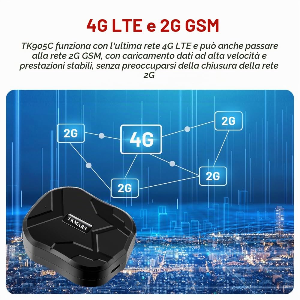 TKMARS Localizzatore GPS 4G per Auto Con APP, 20000mAh Forte Magnete, Tracker Senza Abbonamento, Posizionamento in Tempo Reale, Dispositivo Antifurto TK905C
