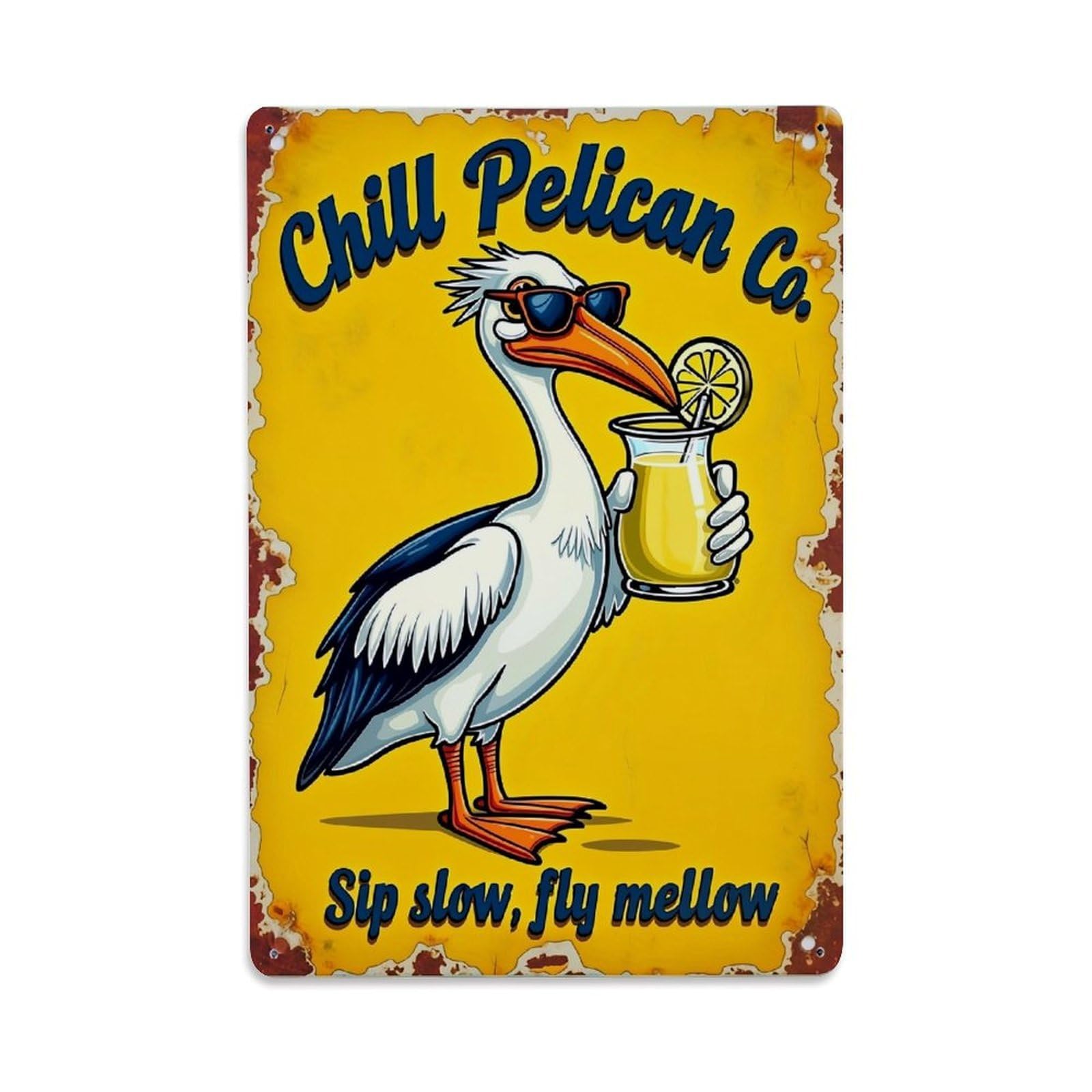 Jdfenggu Vintage Chill Pelican Holding Drink With Lemon Retro Metal Tin Sign, Decor Art Poster For Bar, Home, Man Cave, Kitchen, Laundry Room Gift 8X12inch