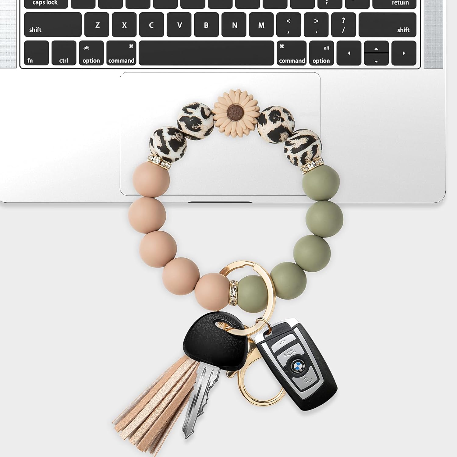 Keychain Bracelet Wristlet with Wallet Card Holder Pocket, Flower Tassel Purse Silicone Key Ring for Women - Image 3