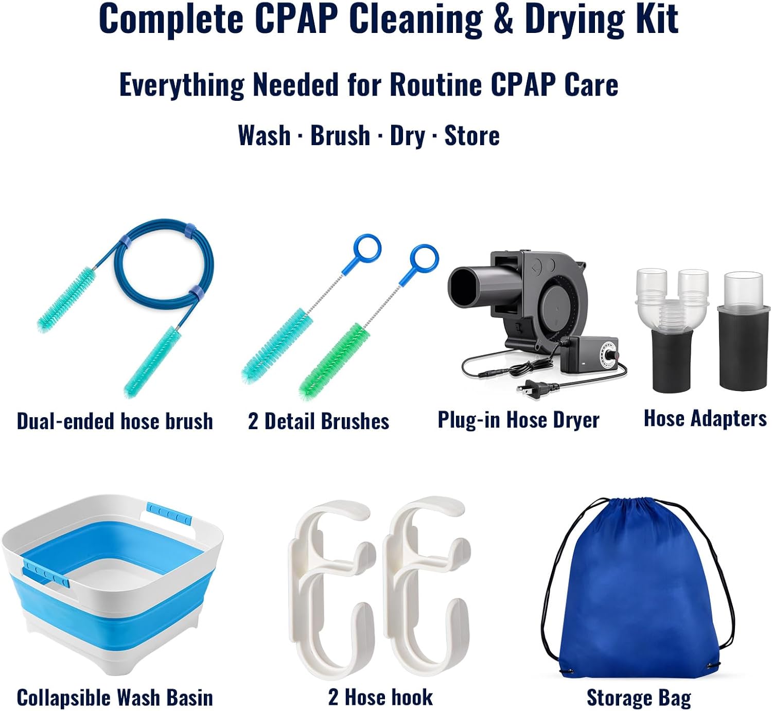 Complete CPAP Cleaning Kit with CPAP Hose Dryer, CPAP Dryer and Cleaning Supplies for 22 mm & 15 mm Tubing, CPAP Hose Cleaner Brush, Collapsible Wash Basin, and 2 Hooks (Ultra)