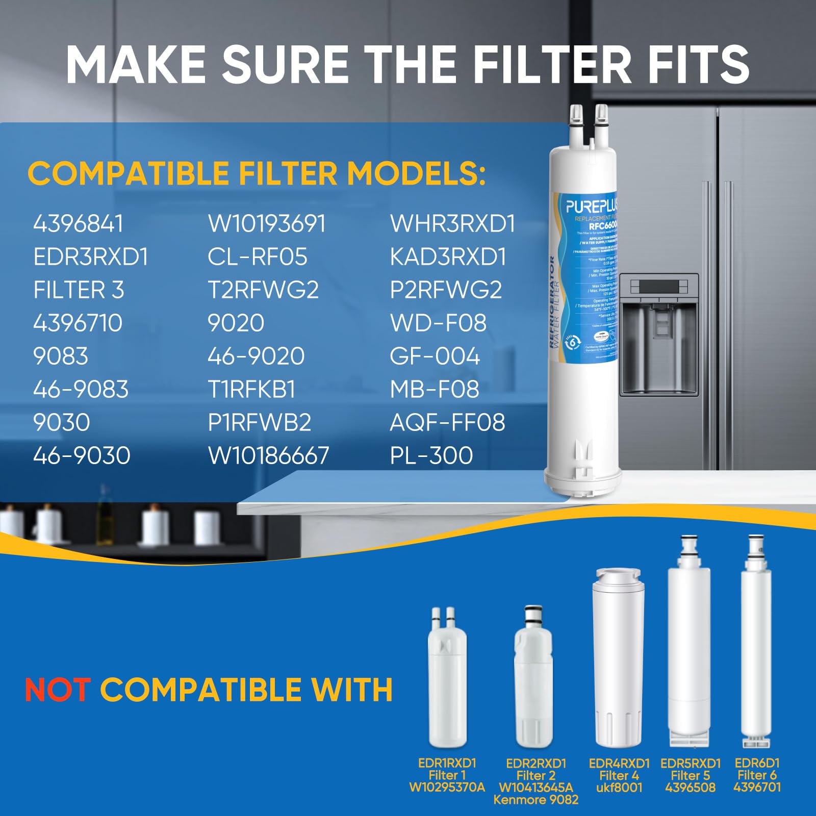 PUREPLUS 9030 Filtro dell'acqua di ricambio per frigorifero, compatibile con 46-9030, 9030, 46-9083, 9083, 4396841, 4396710, EDR3RXD1, filtro 3, filtro dell'acqua del frigorifero, confezione da 4