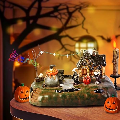 Miniatura 5 de Figura de caldero de bruja de pueblo de Halloween con casa iluminada, ciudad espeluznante, accesorios de decoración de interiores, para exhibición