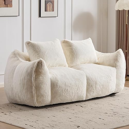 75.2" Wide Giant Bean Bag Sofa, Faux Fur Upholstered Lazy Couch with Pillows, Comfy Loveseat Couch with Large Armrests, Oversized Floor Sofa for Living Room (White)
