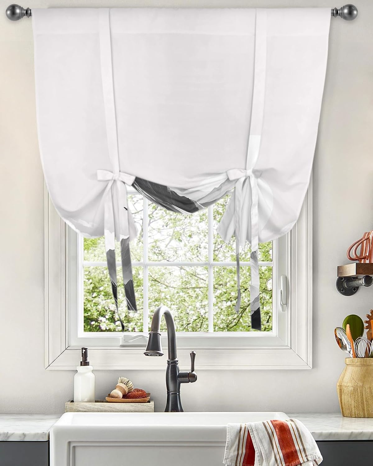 Mountains Landscape Tie Up Window Shade Curtain Watercolor Nature Birds Sun Kitchen Adjustable Balloon Curtains Shades Drape 46x63In for Living Room/Bedroom/Cafe Windows Abstract