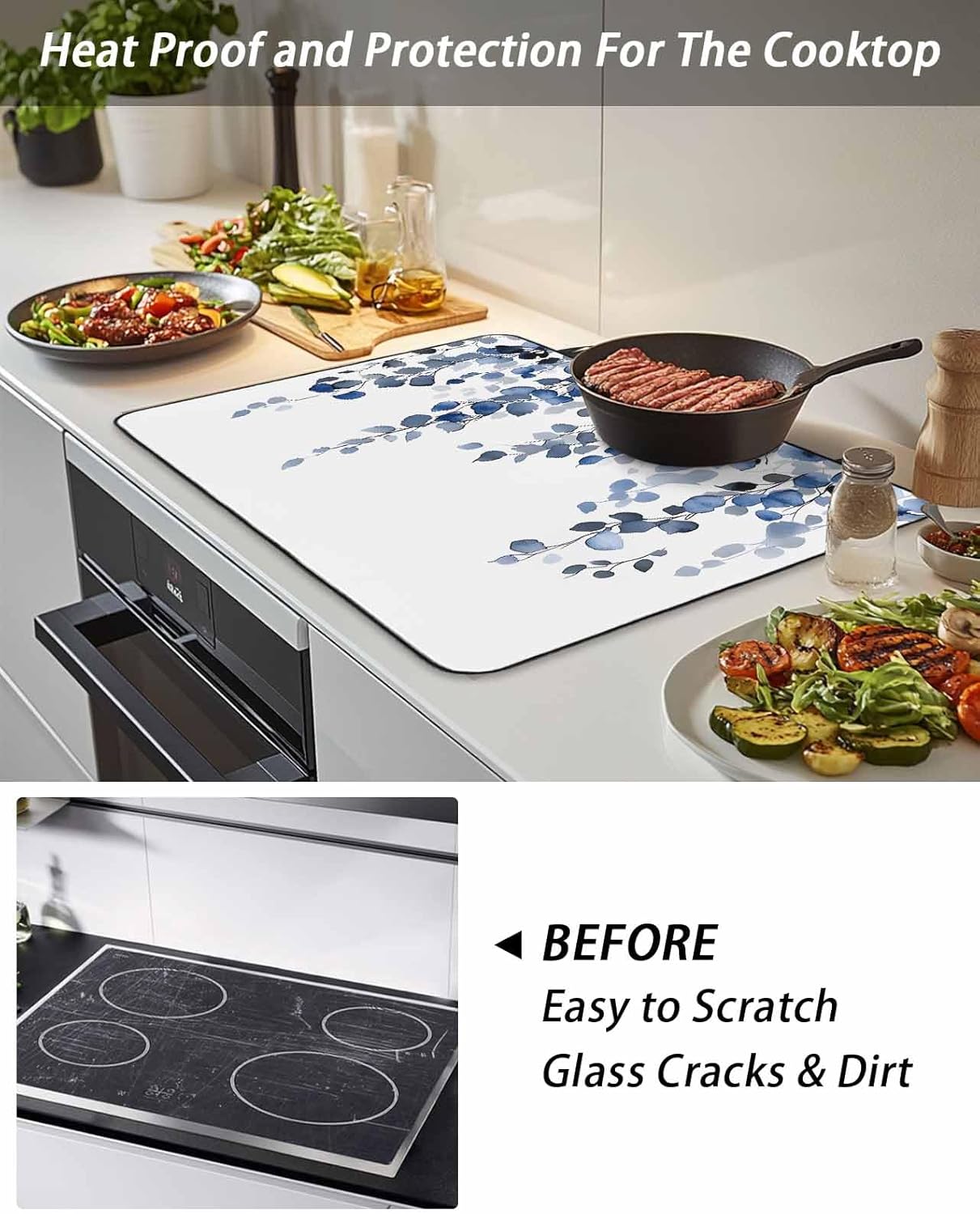 Stove Cover for Electric Stove 24x21 Inch Watercolor Blue Leaves Stove Top Cover Eucalyptus Leaf Glass Cooktop Covers Anti-Slip & Heat Resistant Countertop Protector Home Kitchen Decor