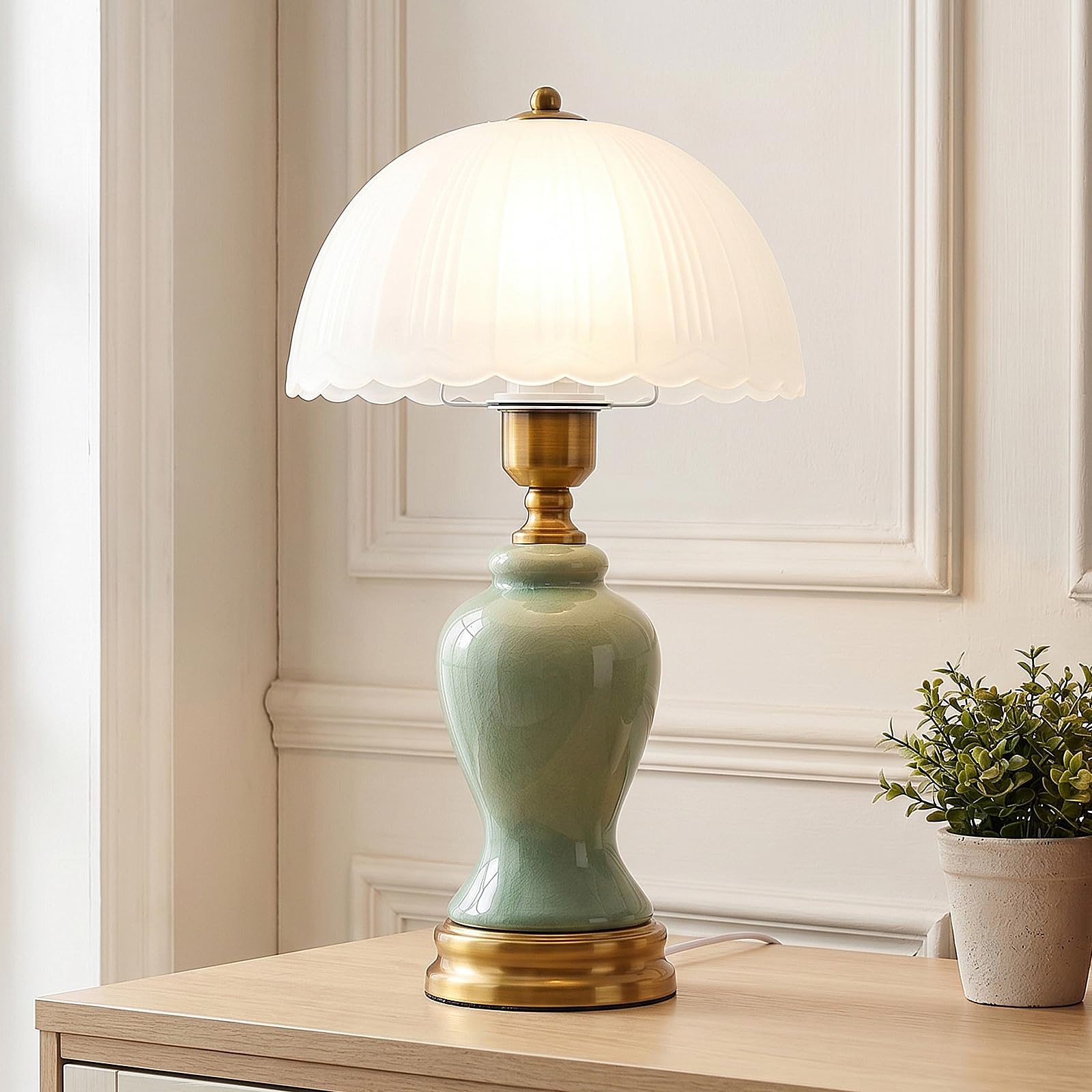 HvKvHvY Vintage Lamp for Living Room,16" Modern Ceramic Table Lamps for Bedroom, Retro Bedside Nightstand Traditional Lamps, Classic Chinoiserie Green Lamp for Home Decor (06)