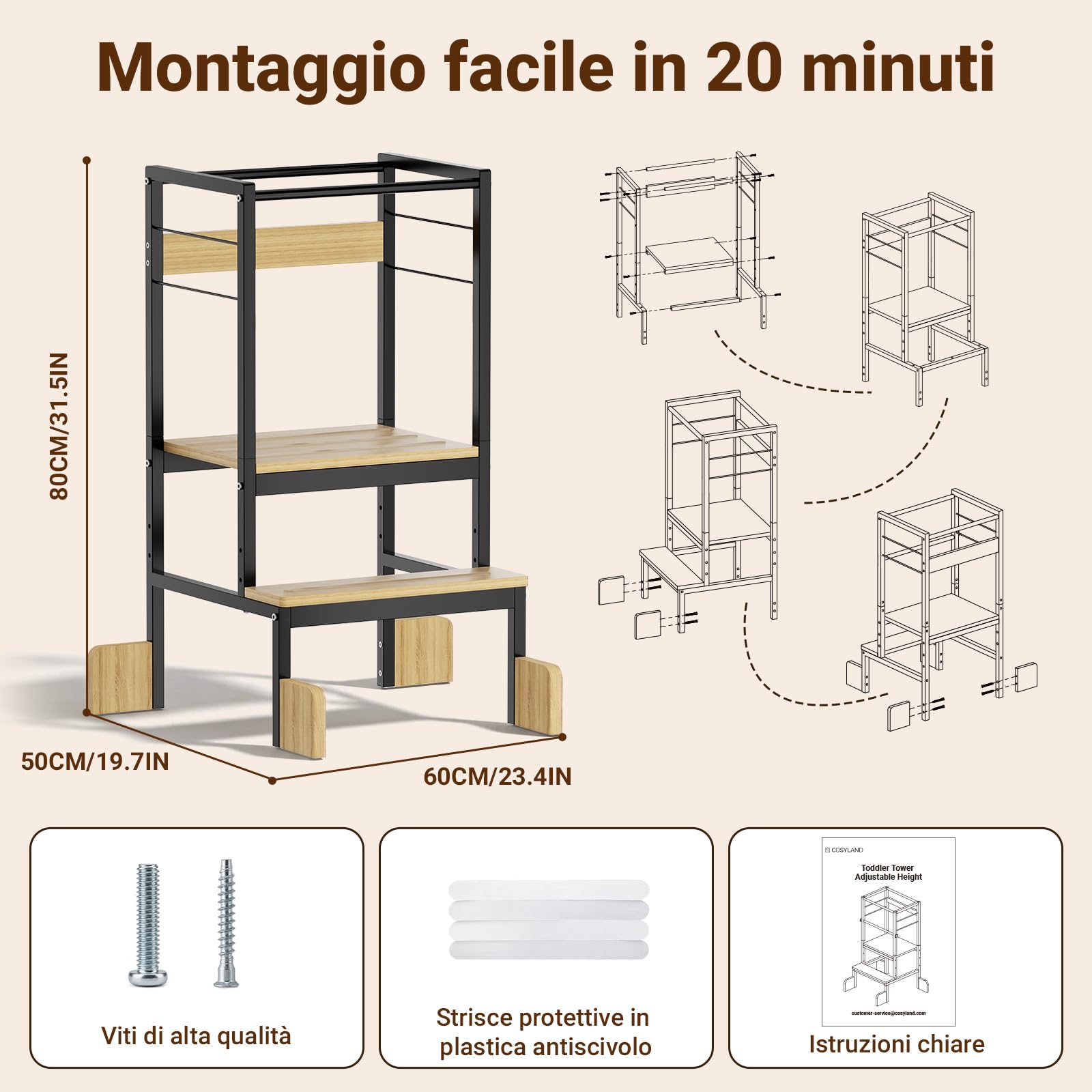 COSYLAND Torre Educativa Bambini, 18 mesi-6 anni, L, Nero Naturale | Piattaforma regolabile che cresce con il bambino, gradini antiscivolo, adatta da 18 mesi-6 anni