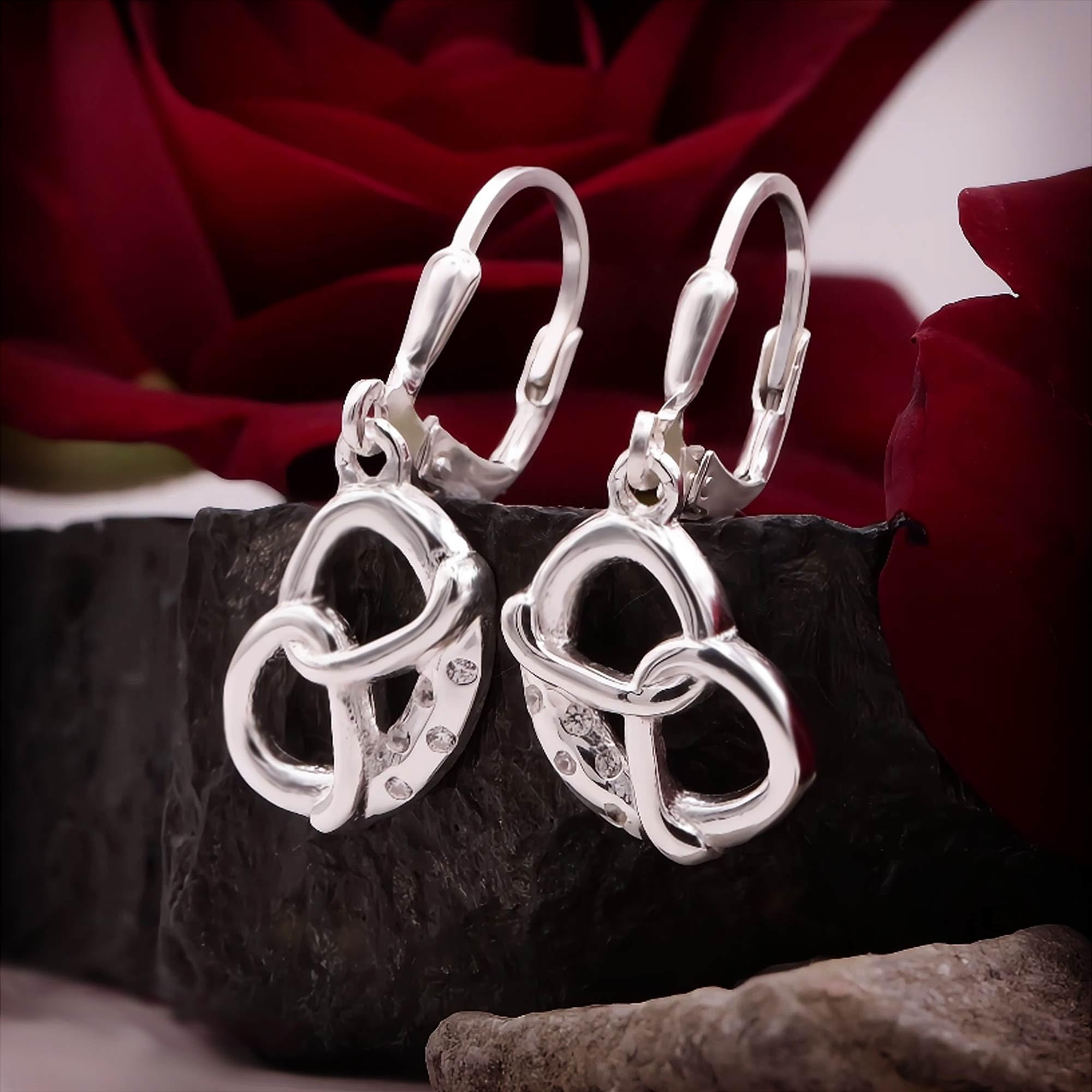 CLEVER SCHMUCK Damen Brezel Ohrringe Silber 29 mm Bretzel Schmuck mit Zirkonias weiß als Salzkrümel glänzend 925 Sterling im Etui creme