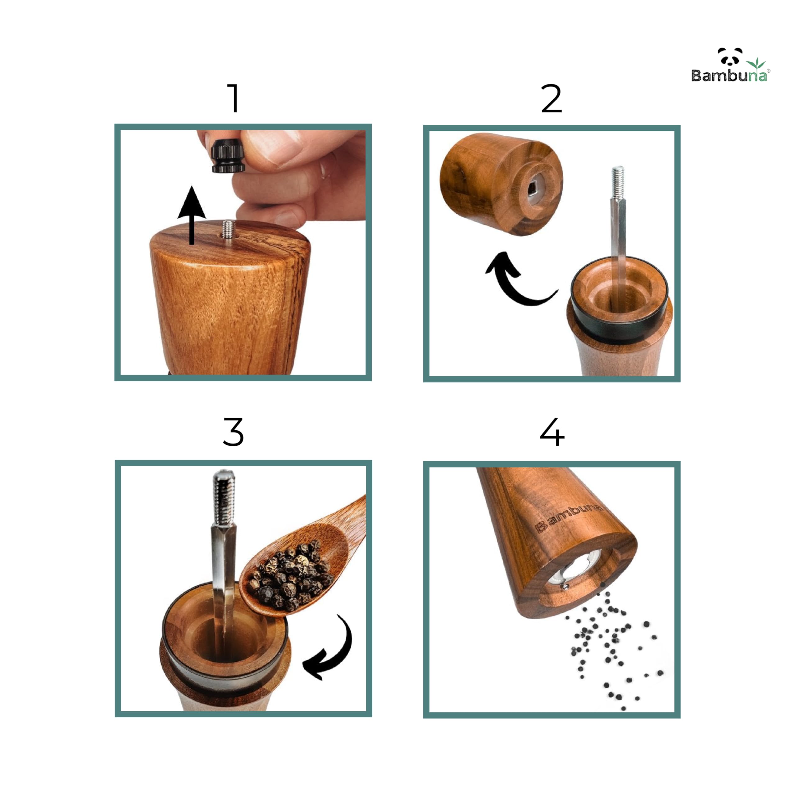 Bambuna Acacia Wood Salt and Pepper Mill Set, 5-Piece Spice Mill Set including Adjustable Ceramic Grinder - Image 3