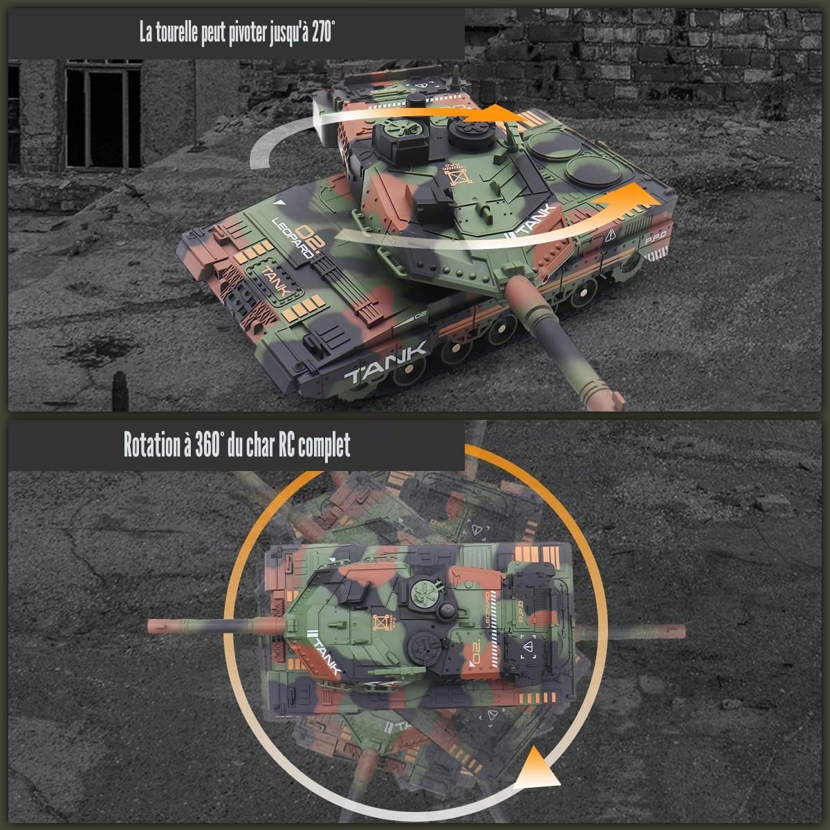 Char télécommandé RC qui tire pour Enfants Adultes, Jouets de char d'armée télécommandés 2,4G avec son de démonstration automatique, lumière, fumée, 13 canaux, modèle de véhicules militaires