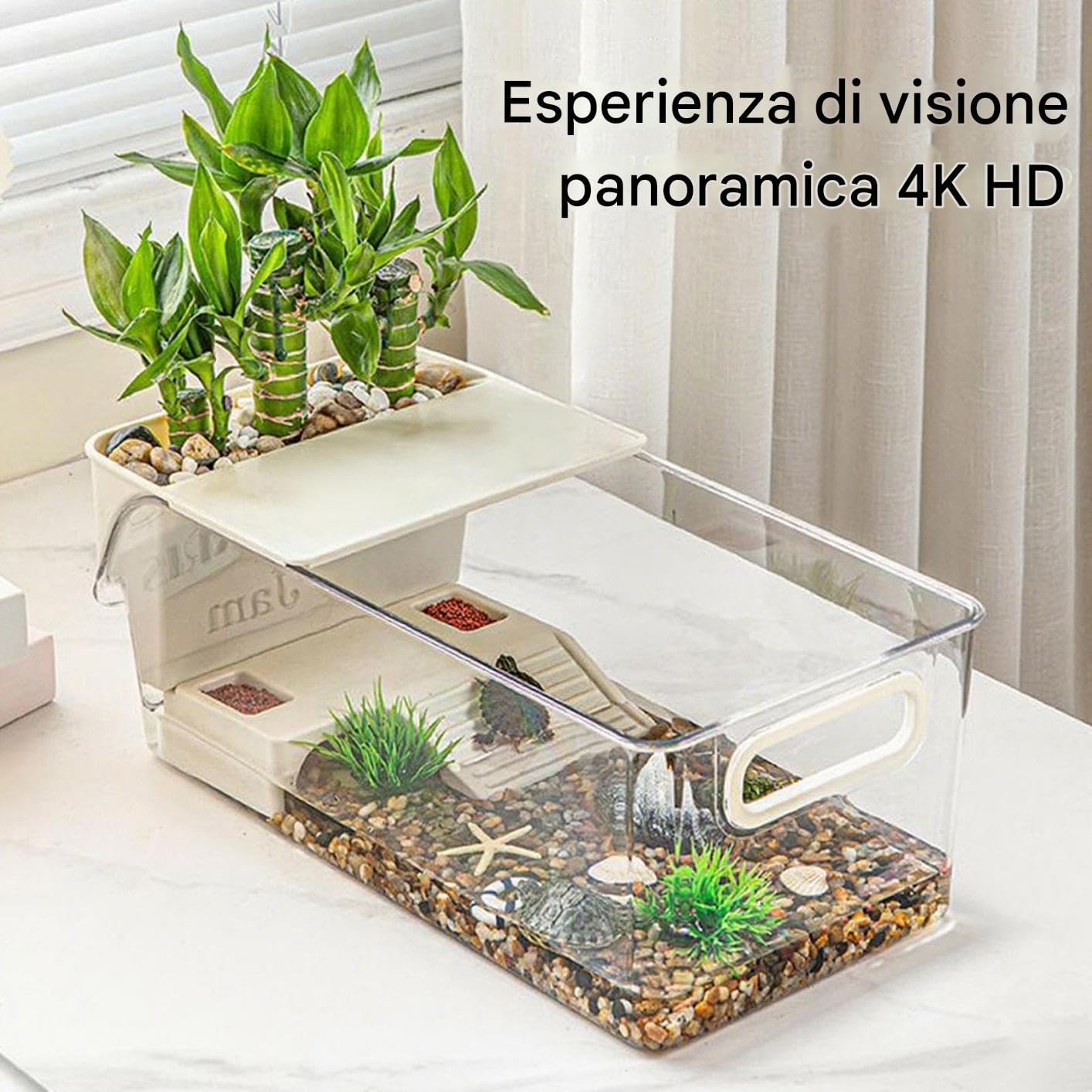 Turtle Tank Basking - Terrario Trasparente Per Habitat Anfibi, Contenitore Portatile Per Rettili Con Area Di Alimentazione, Acquario Di Osservazione Con Rampa E Piscina | Pratica Trasparente