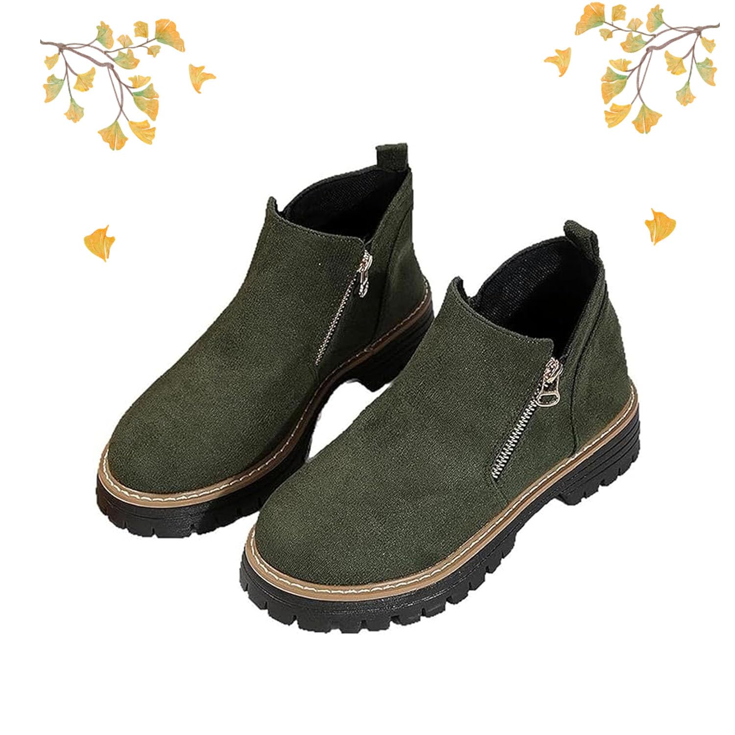 Womens Round-Toe Ankle Boots with Side Zipper Suede Chunky Heel Boots for Women Chelsea Booties Winter Fall Orthopedic