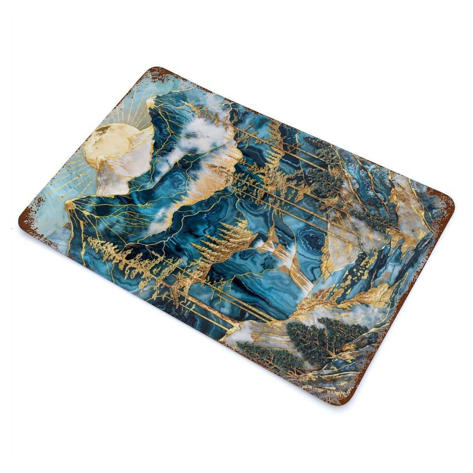 Rust Effect Sapphire Sunrise Mountains Aged Metal Wall Plaque 11.8"x7.9", Rustic Home Decor for Bistro, Counter And Cafe Decor