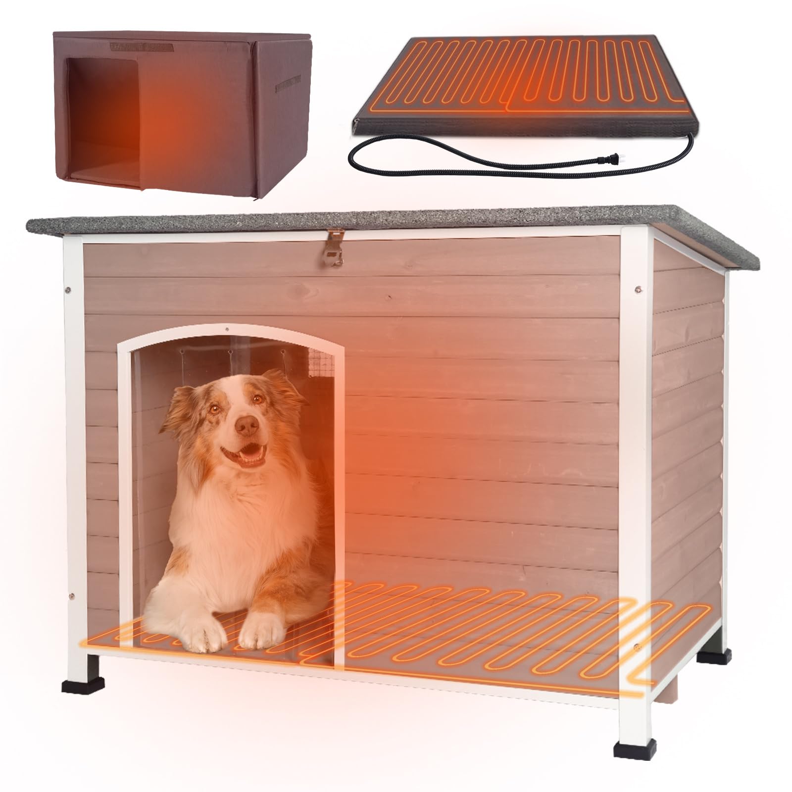 43.3'' Large Heated Outdoor Dog House Weatherproof with Anti-bite Metal Frame, Insulated Dog Kennel with Heating Pad for Outside, Dog Shelter for Small to Large Dogs (Light Brown)