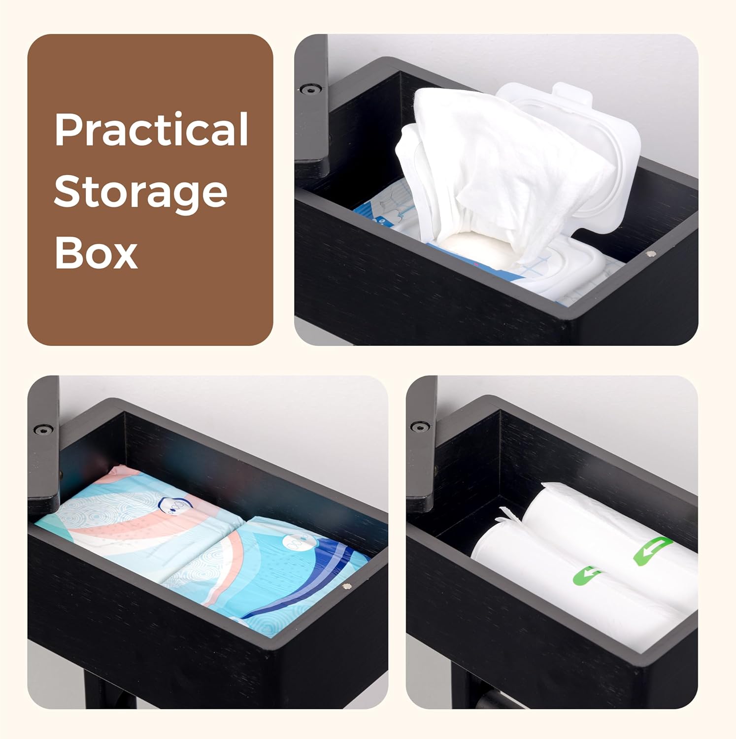 Wealone 4-in-1 Black Toilet Paper Holder Stand with Storage Shelf Box, 360° Rotating Bamboo Free Standing Toilet Tissue Roll, Toilet Wipes Dispenser Organizer, Temporary Desktop for Bathroom (Patent)