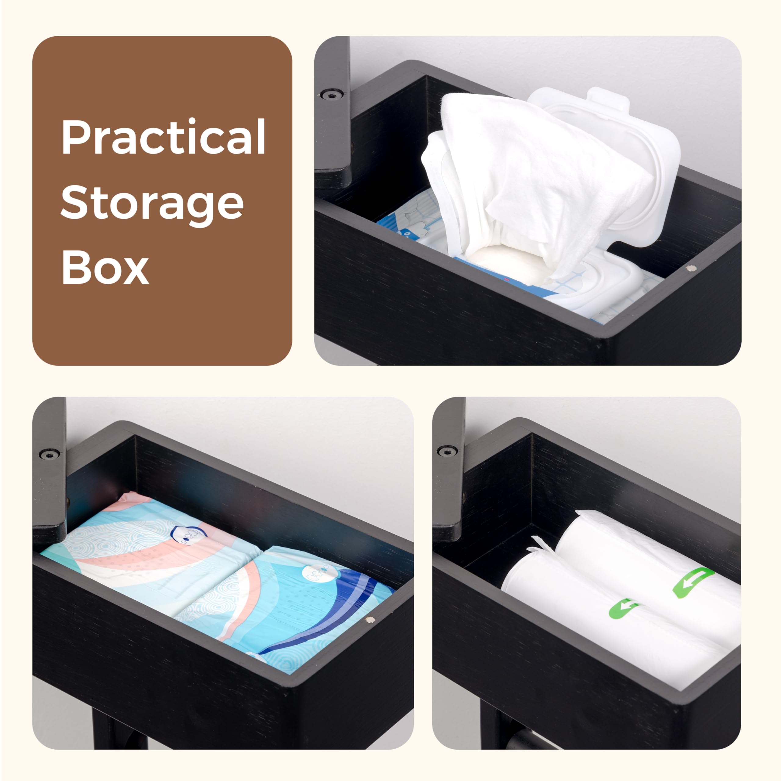 Wealone 4-in-1 Black Toilet Paper Holder Stand with Storage Shelf Box, 360° Rotating Bamboo Free Standing Toilet Tissue Roll - Image 4