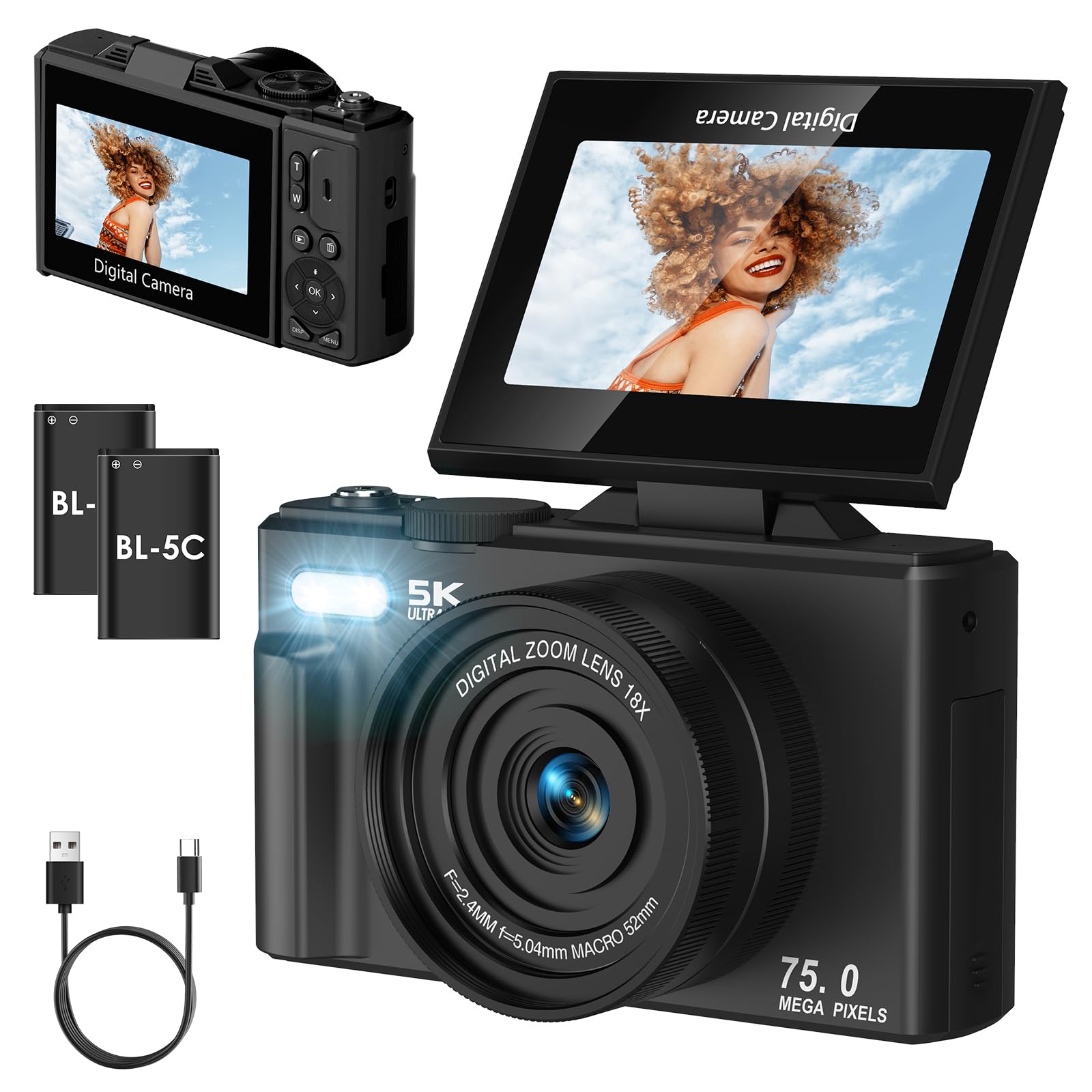 Cámara digital 5K, cámara de video de enfoque automático de 75 MP, pantalla abatible de 180° de 3 pulgadas, transmisión WiFi, cámaras compactas, zoom digital de 18x, adecuada para adolescentes