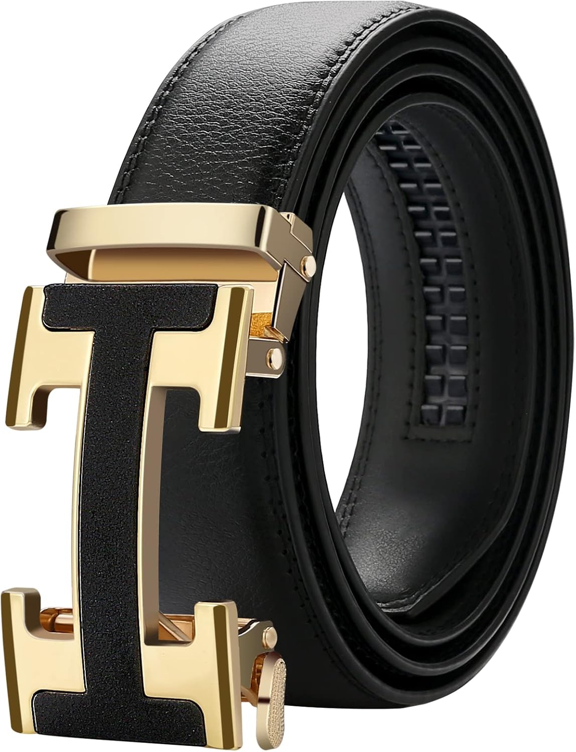 Mens Belt Black Leather Ratchet Belts with Gold Buckle Designer Belts