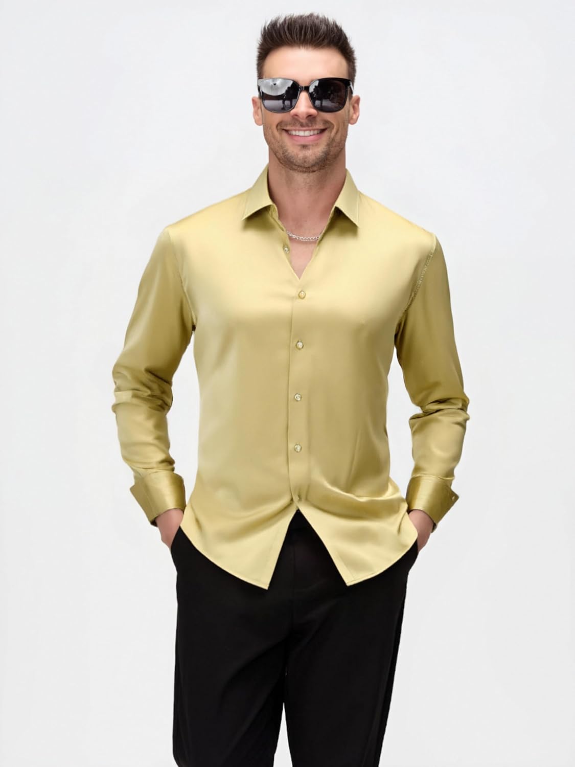 Damipow Satin Silk Mens Dress Shirts Long Sleeve Button Up Shirt Wedding Party Prom Shirt