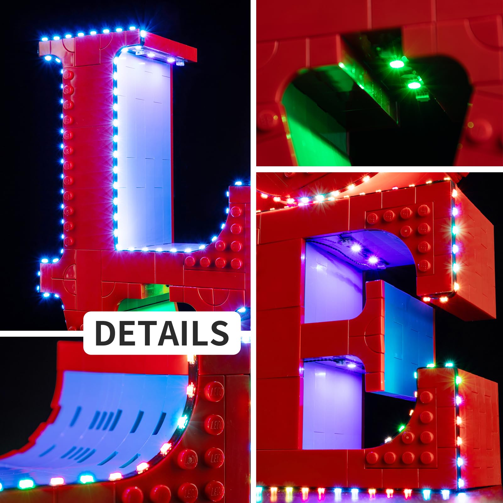 Close-up details of the Kyglaring LED lights integrated into the Lego Love Sculpture model, showing various light placements.