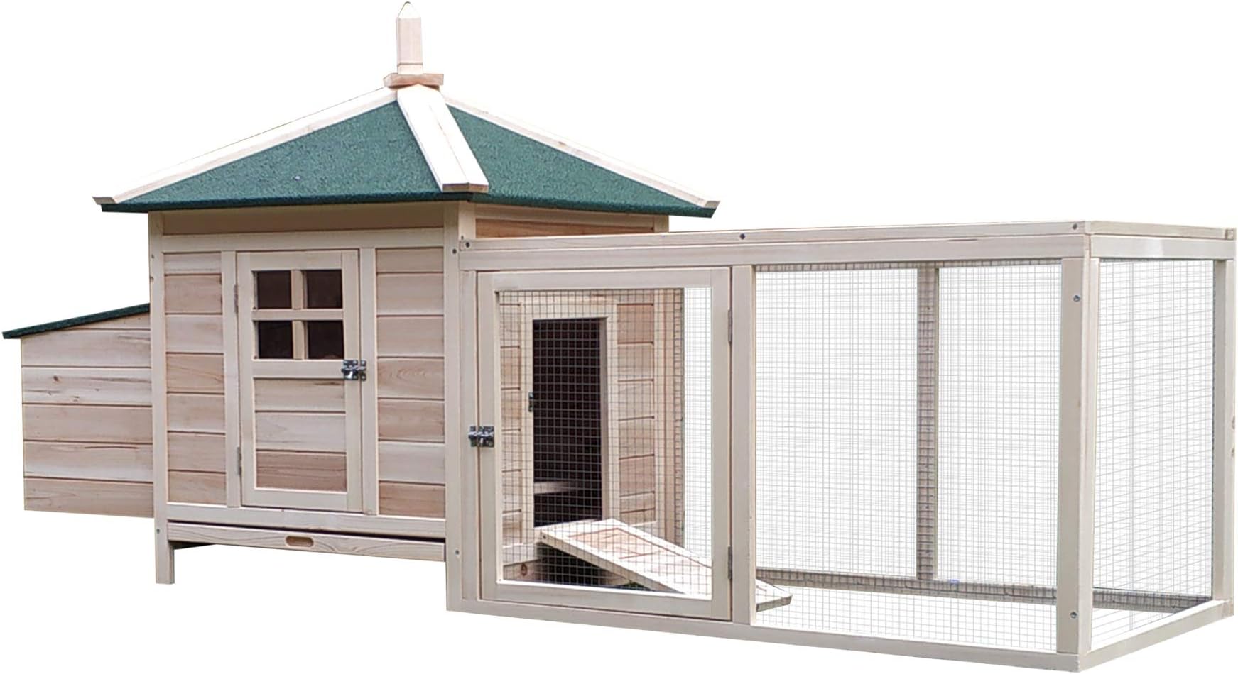 PawHut Chicken Coop with Chicken Run, Outdoor Hen House Poultry Cage with Nesting Box, Openable Top, 196 x 76 x 97cm, Natural