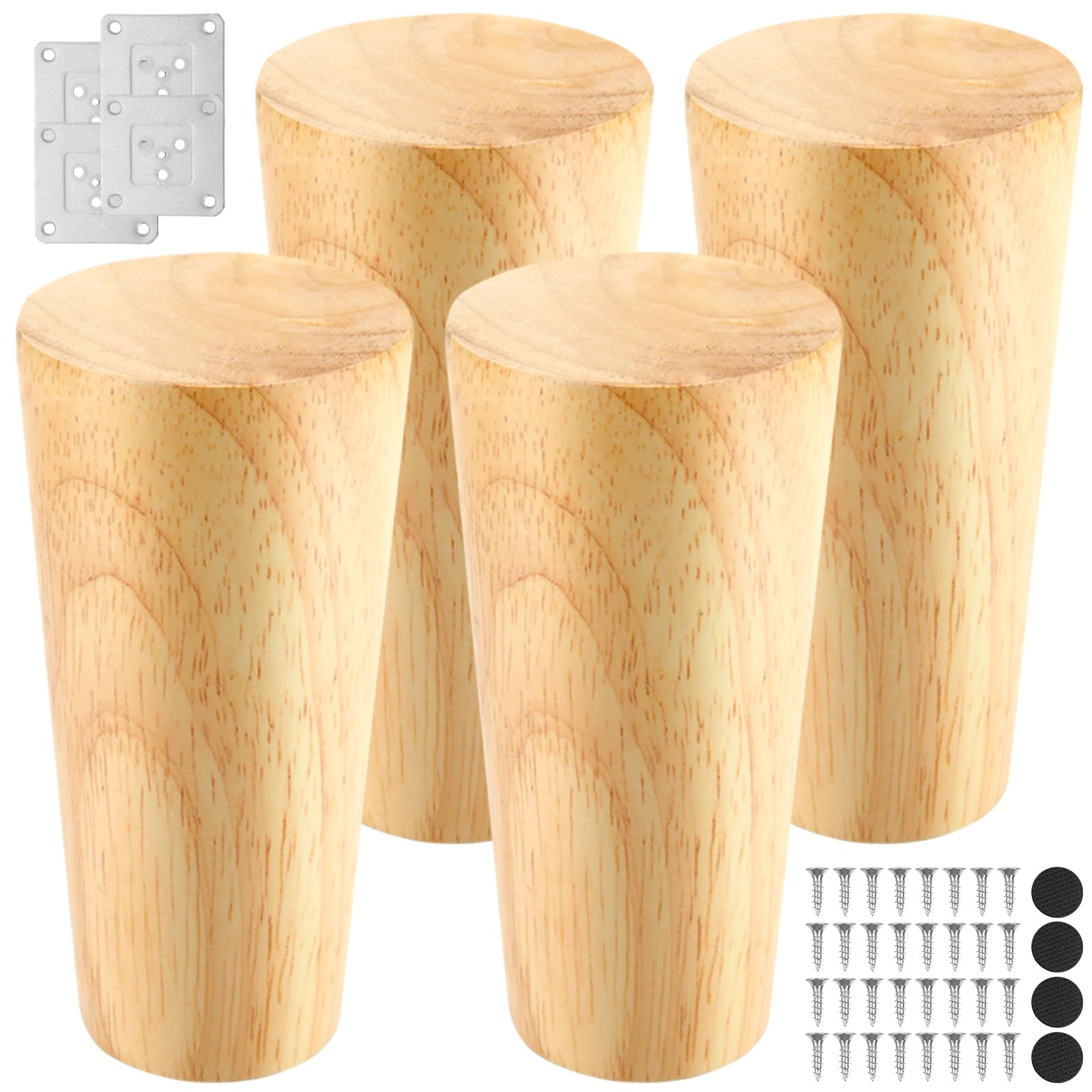 KINDPMA Meubelpoten, 4 stuks, 12 cm, schuin eiken, meubelpoten, houten poten voor meubels, tafelpoten, kastpoten met montageplaten, schroeven en stille rubberen pads voor bank, tv, kast, bed, tafel
