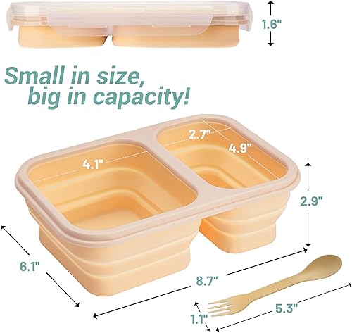 Miniatura 2 de Recipientes de almuerzo plegables con tapa naranja con 2 compartimentos  lonchera con utensilios  Bento plegable de silicona para adultos