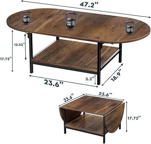Miniatura 2 de SAYGOER - Mesa de centro plegable para sala de estar, mesas pequeñas de café con almacenamiento de 2 niveles, mesa central moderna de mediados de