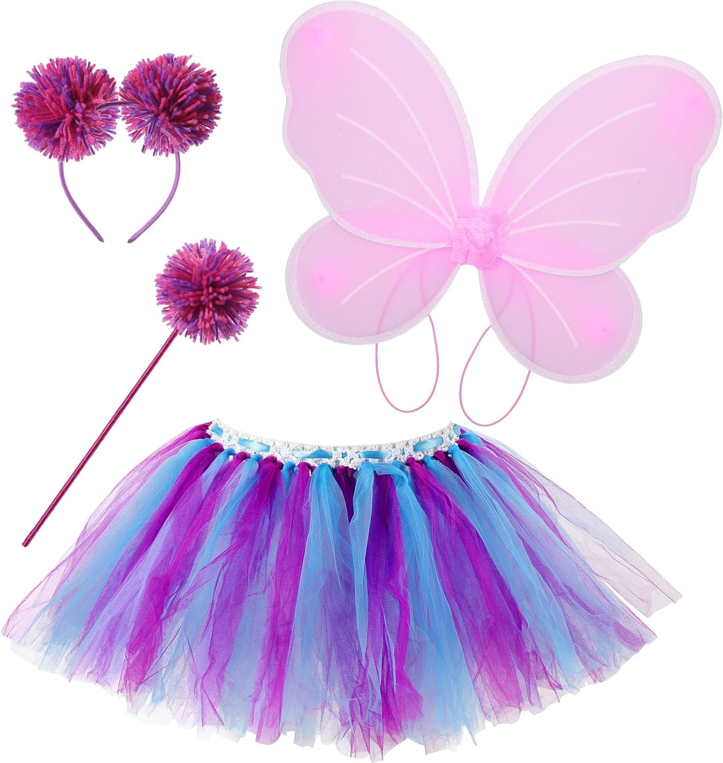 Haysandy 4 Pcs Pink and Purple Costume Set for Girls Tutu Skirt Fairy Butterfly Wings with Pom Headband Bopper Pom Wand 4-6 Years Purple