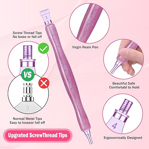 Miniatura 8 de Juego de herramientas de accesorios para bolígrafos de pintura de diamante, 3 bolígrafos de arte de diamante con purpurina y 12 puntas de rosca de