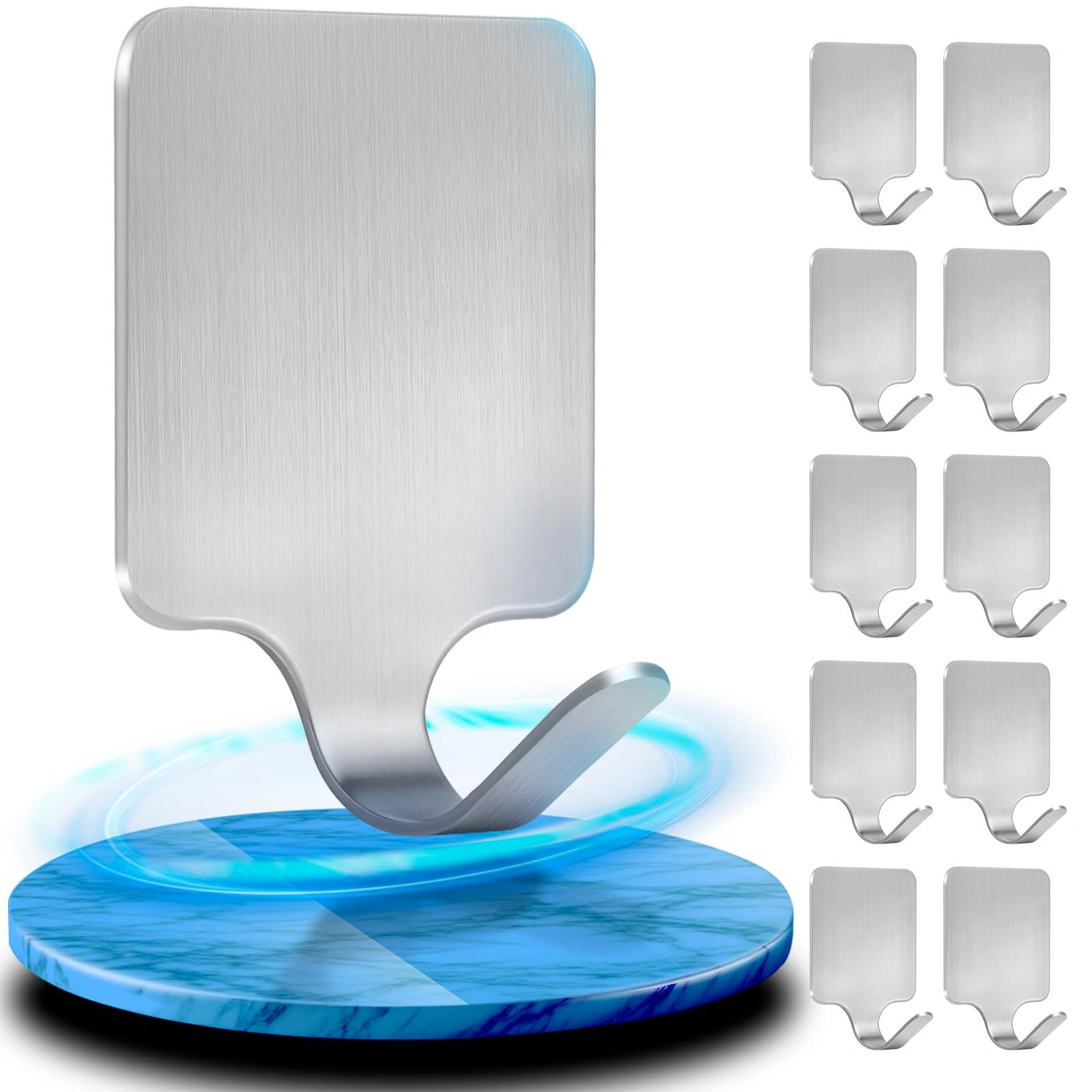 10 Pcs Self Adhesive Hooks Can Hold up to 22 lbs(Max.), Super Sticky Hooks Made of 4mm 304 Stainless Steel Won’t Be Slip-off , Wall Hooks Stick on Bathroom, Kitchen, Bedroom to Hang Big or Small Items